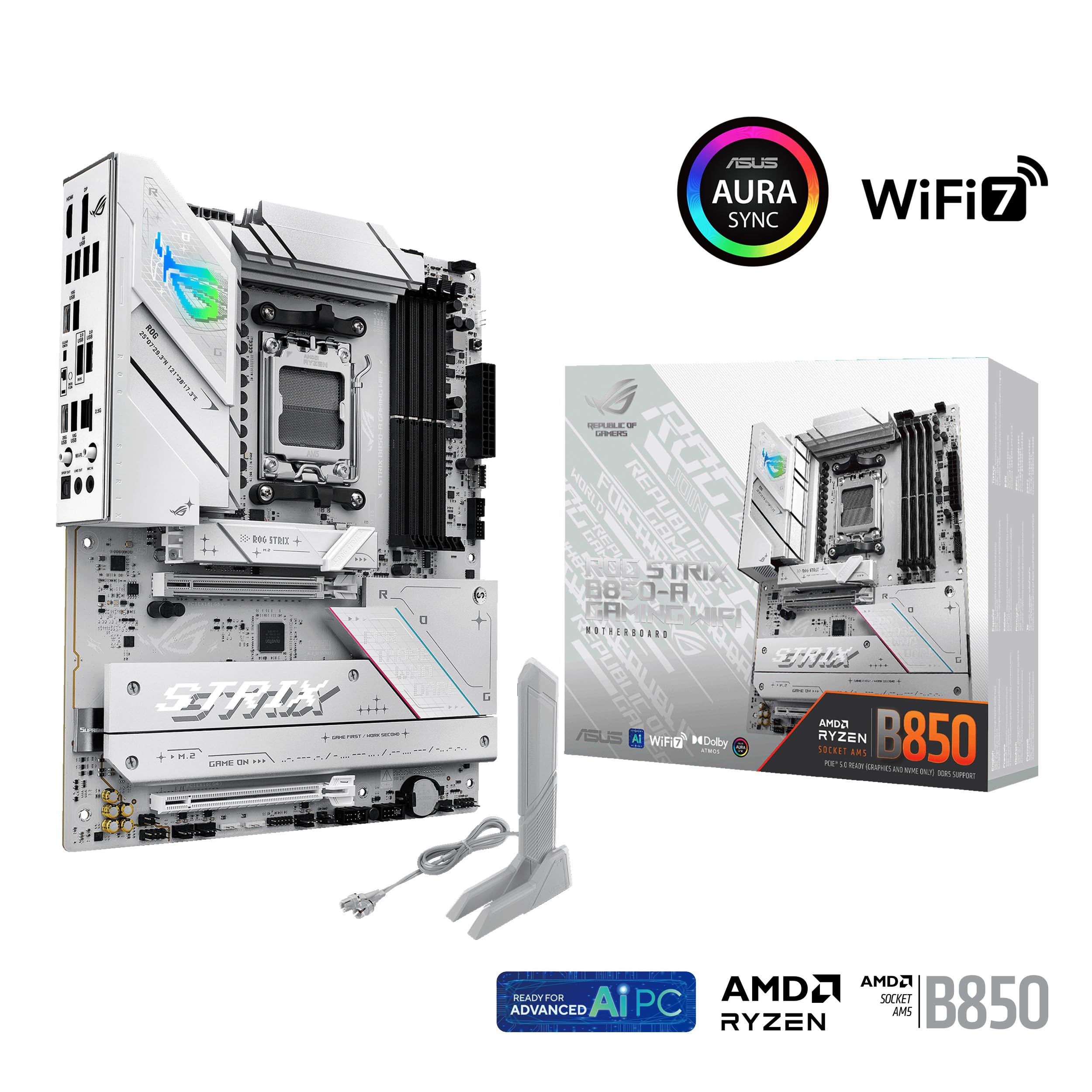 ASUS ROG Strix B850-A Gaming WiFi AMD AM5 B850 ATX Motherboard 14+2+2 Power Stages, DDR5 AEMP, 2.5G LAN, WiFi 7 with Q-Antenna, 4X M.2, PCIe® 5.0, USB 20Gbps Type-C, AI Networking II, ASUS AI Advisor