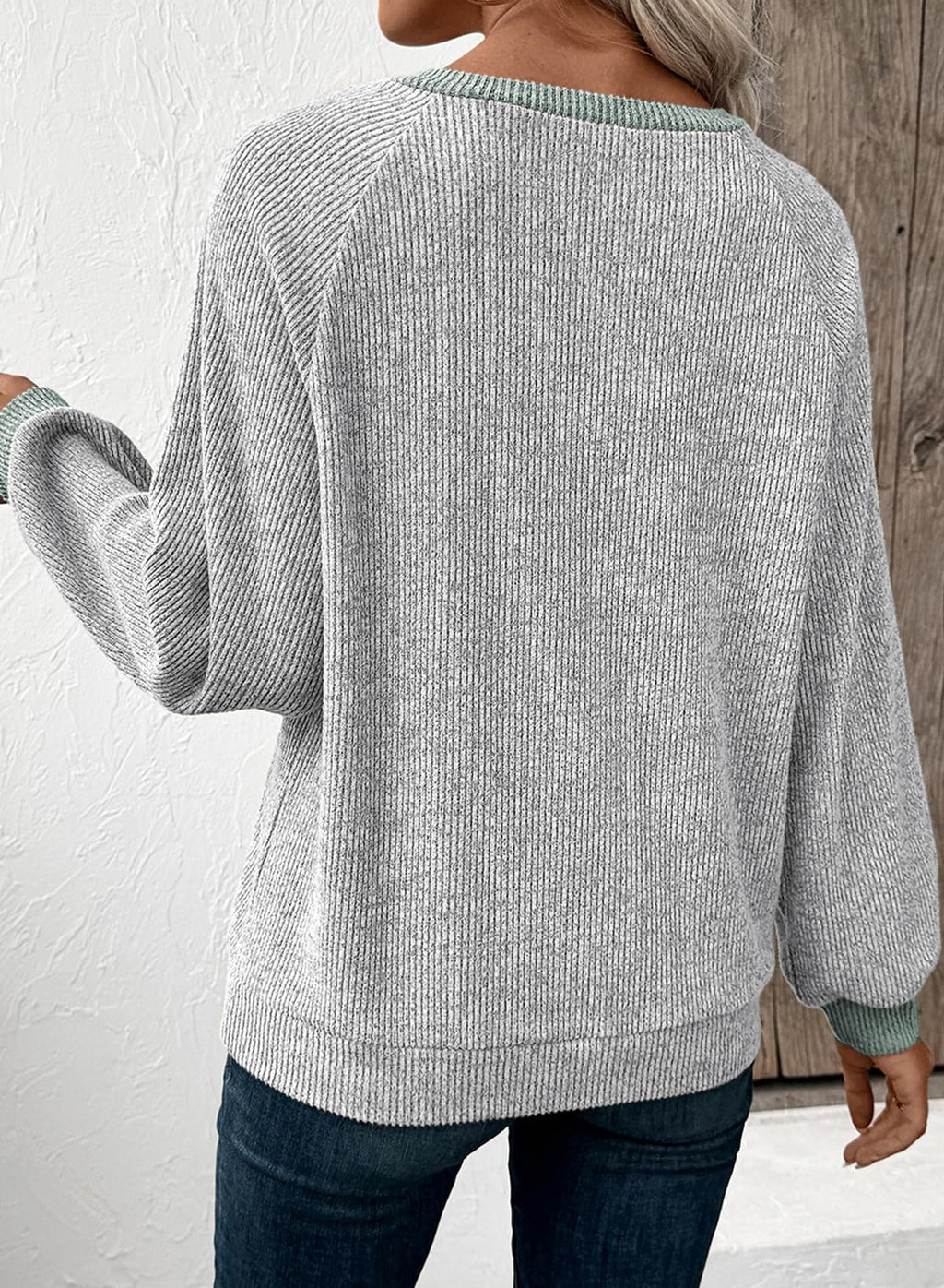 EVALESS Womens Spring Fashion 2026 Long Sleeve Shirts Patchwork Button Up V Neck Sweatshirt for Women Casual Trendy Pullover Teacher Outfits Tops Light Grey Medium