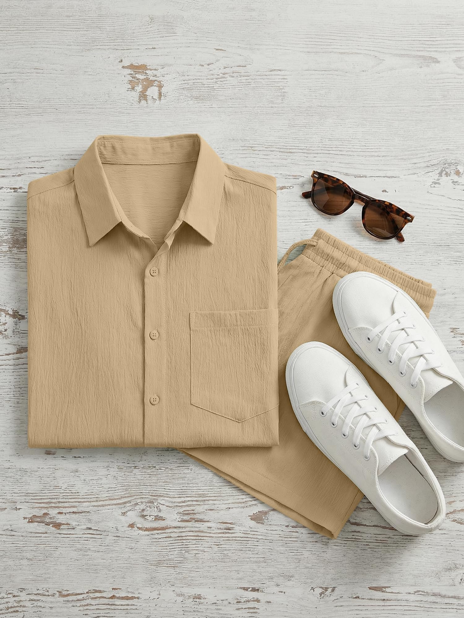 JMIERR 2 Piece Set for Men Beach Sets 2026 Linen Drawstring Summer Vacation Old Money Cruise Texture Outfits, S, Khaki
