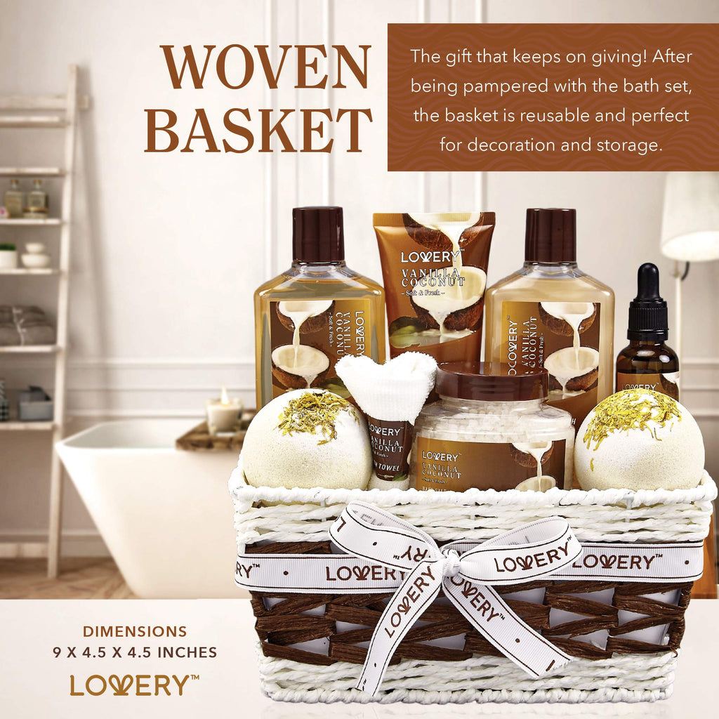 Gifts For Women Gift Basket for Women– 9 Piece Set of Vanilla Coconut Home Spa Set, Luxurious Valentines Day Gifts for Her, Bath and Body Sets Includes Fragrant Lotions, Large Bath Bombs, Coconut Oil