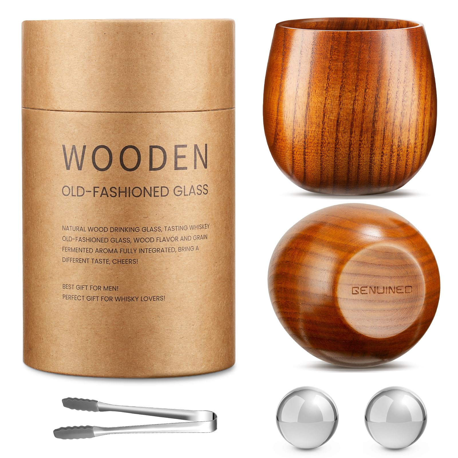 GENUINED Bourbon Gifts for Men, The Original Wooden Whiskey Glasses Set of 2, Old Fashioned Bourbon Drinking Glass, Birthday, Anniversary, Fathers Day Present for Dad, Husband, or Brother