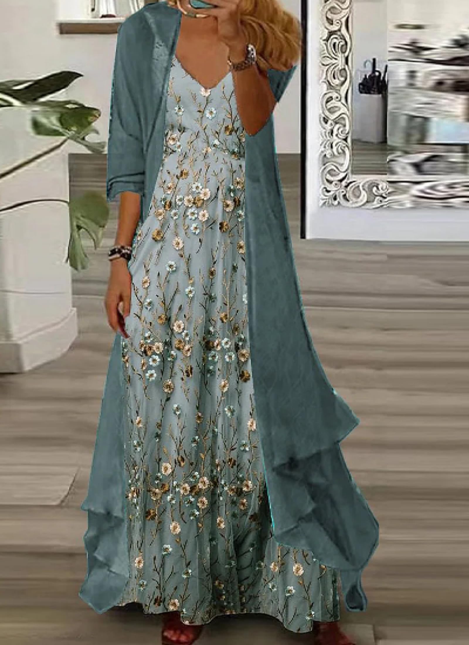 LOZ 2 Piece Sets for Women Summer Maxi Dresses Sleeveless Spaghetti Strap Floral Dresses with Sheer Cardigan Matching Sets