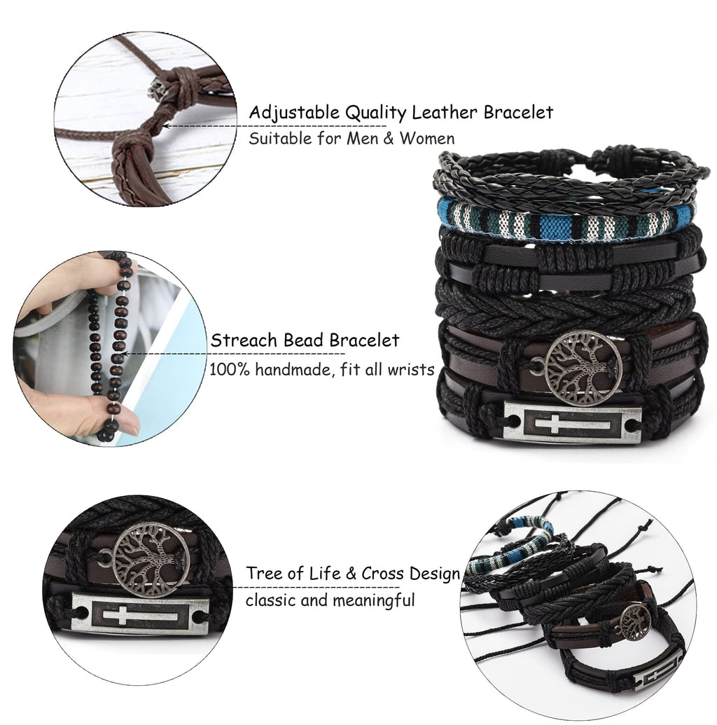 FIRAZIO 42Pcs Braided Leather Bracelets for Men Women Wrap Wood Beads Cuff Bracelet Hemp Cords Ethnic Tribal Handmade Wrap Wristband Bracelets Set Adjustable