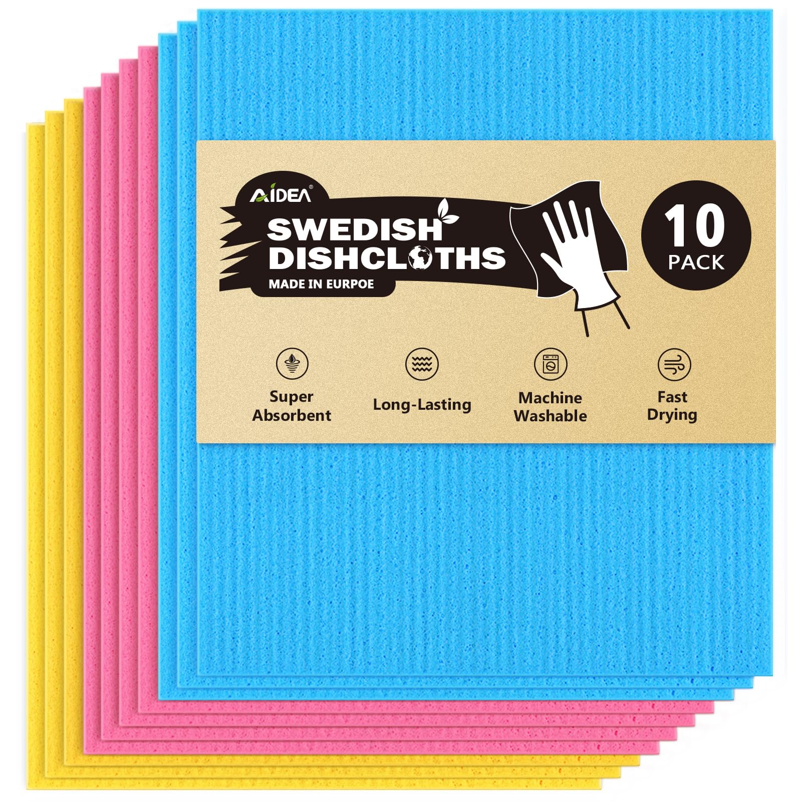 AIDEA Swedish Dish Cloth, 10PK, Swedish Dishcloths for Kitchen, Reusable Paper Towels Washable, Sponge Cloths Kitchen, Absorbent Dish Rags, Dish Towels Cloth, 7"x6"