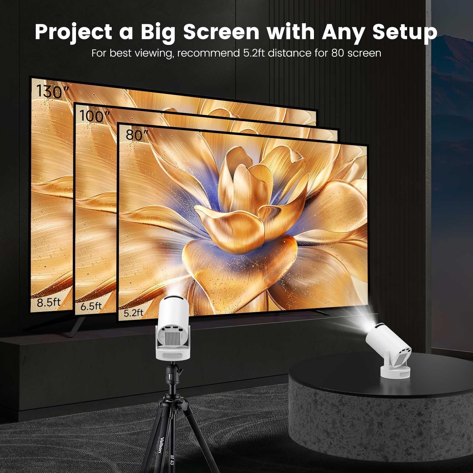 Mini Portable Projector with 4K Support, Bluetooth 5.4 WIFI6, 5watt Sound Base Speaker, 160 ANSI, Android 11, 210° Rotation , Auto Keystone Correction Video Projector HY300 ULTRA