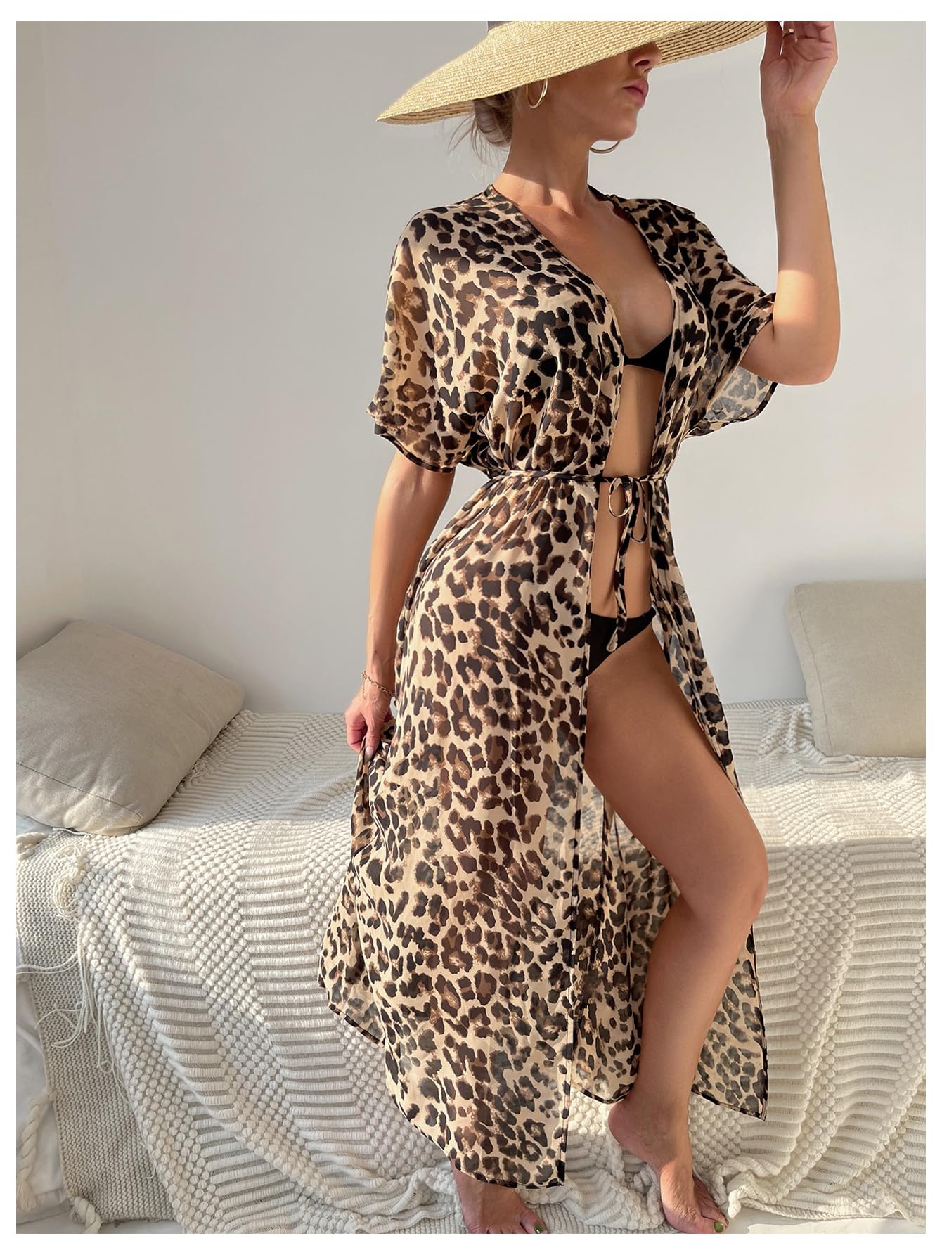 WDIRARA Women's Leopard Print Open Front Long Kimono Swimsuit Cover Up Sheer Beach Bathing Suit Coverups Multicolor Medium