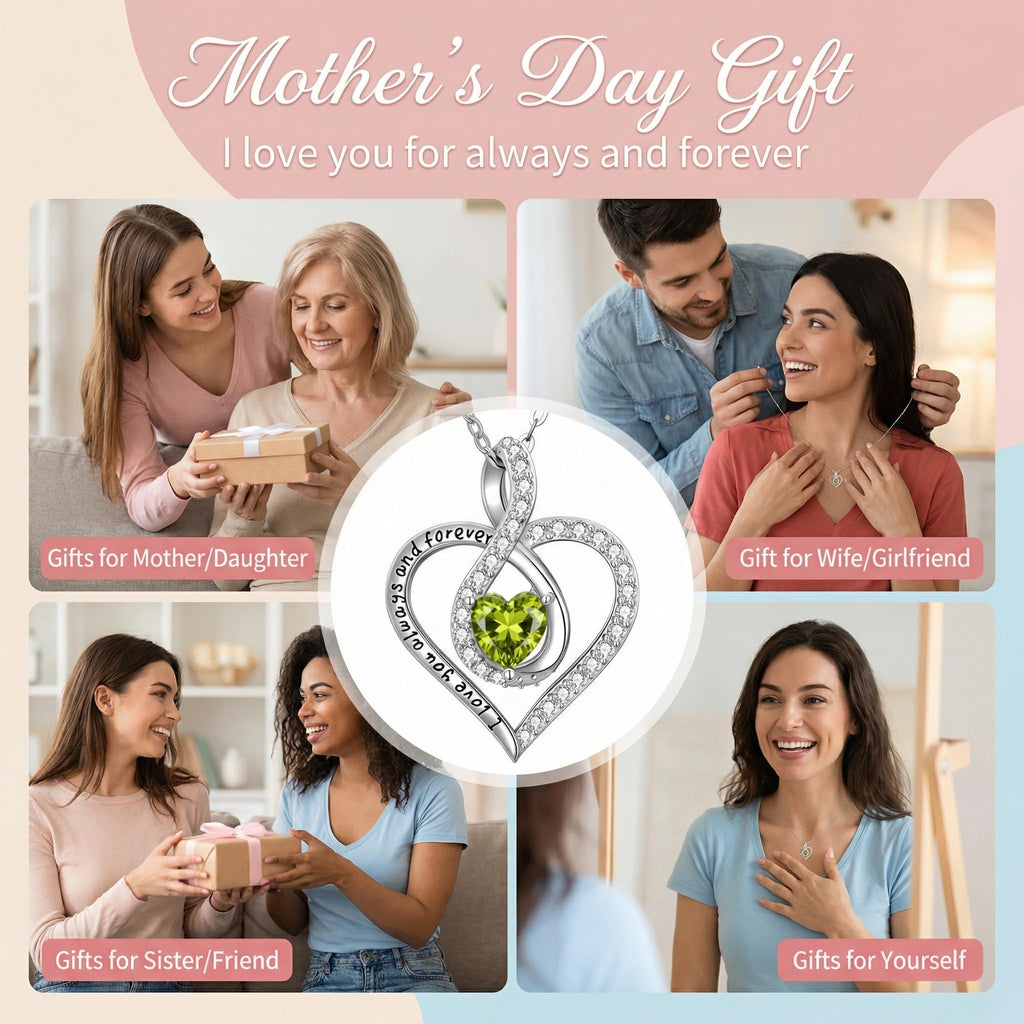 OKROKTOT August Love Heart Birthstone Necklace Women Infinity Heart Necklace I Love You Always and Forever Jewelry Mothers Valentine's Day Gifts for Her Mother Wife Daughters