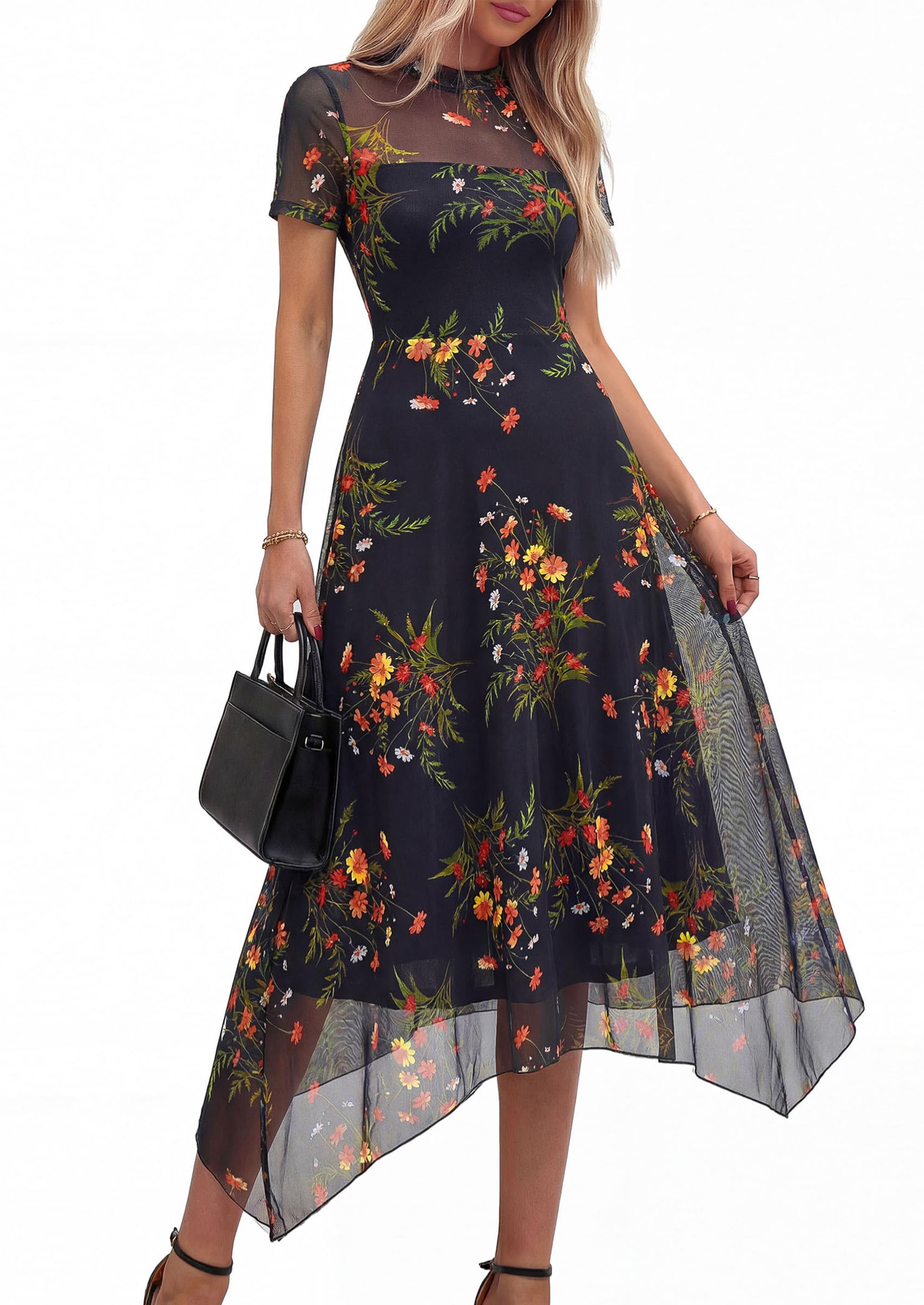 PRETTYGARDEN Cocktail Dresses for Women 2026 Summer Short Sleeve Floral Mesh Sheer Midi Party Wedding Guest Dress (Floral Black Yellow,Medium)