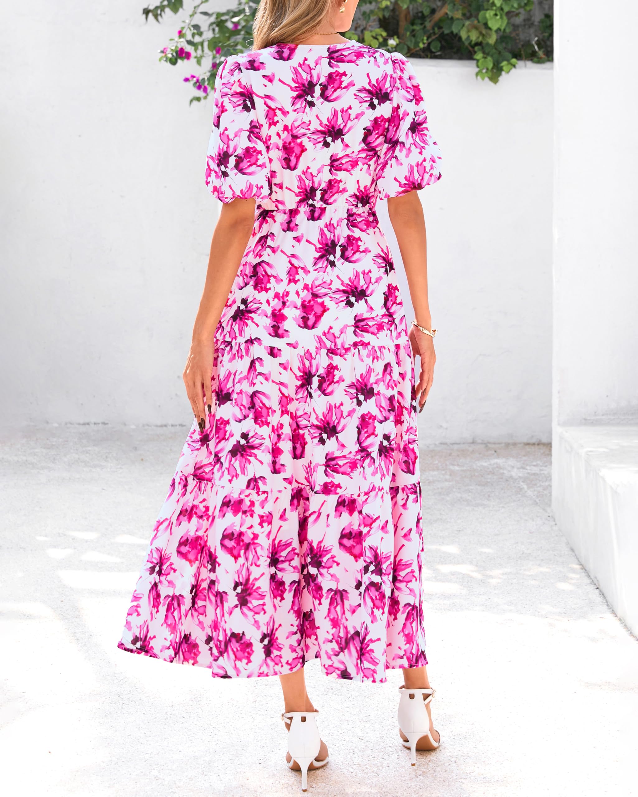 dowerme Womens Summer Dresses 2026 Casual Puff Short Sleeve V Neck Floral Boho Tiered Ruffle Maxi Dress with Pockets(White Purple Pink,Small)