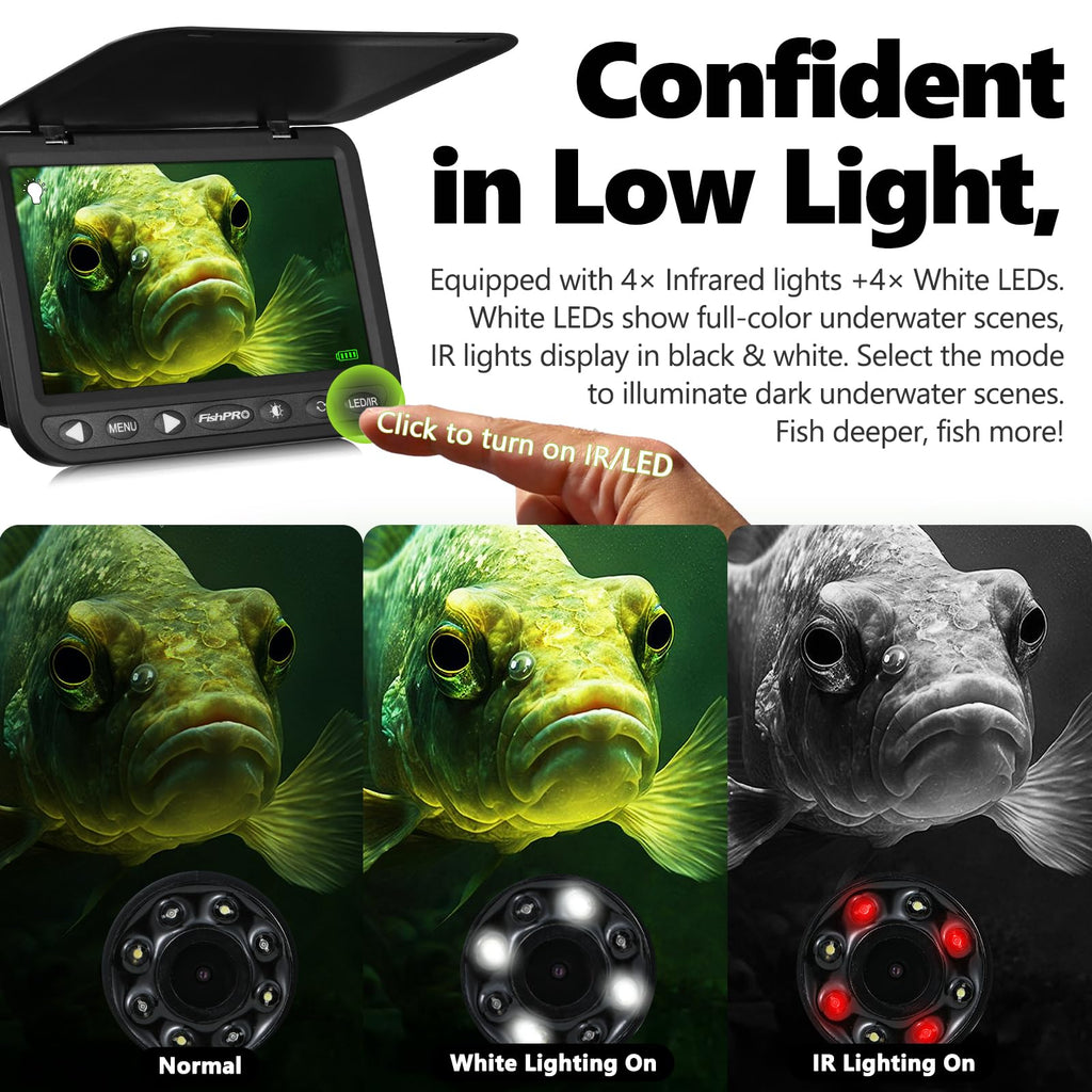 [FishPRO® 2026 Upgrade] NO.1 HD 1080P Underwater Fishing Camera 7'' IPS- w/10,000mAh (Ease To Use) Ice Fishing Camera Underwater, Fish Finder Camera for Ice Lake Boat Fishing w/USB-C, LED+IR, 25m/82ft