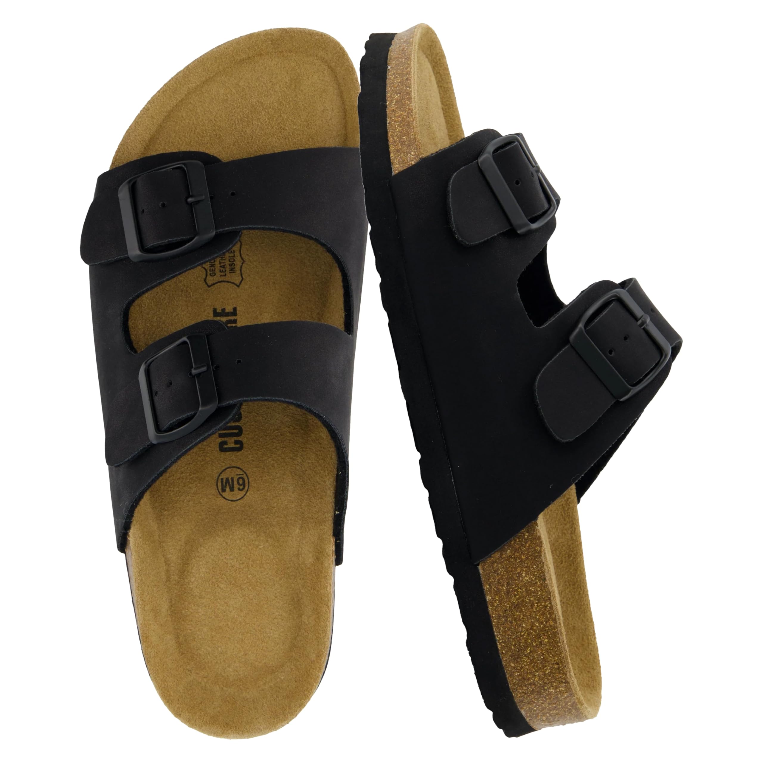 CUSHIONAIRE Lane Cork Footbed Womens Sandals Comfortable Double Buckle Slip On Sandals for Women with Arch Support and Classic Two Strap Design, BLACK 6.5