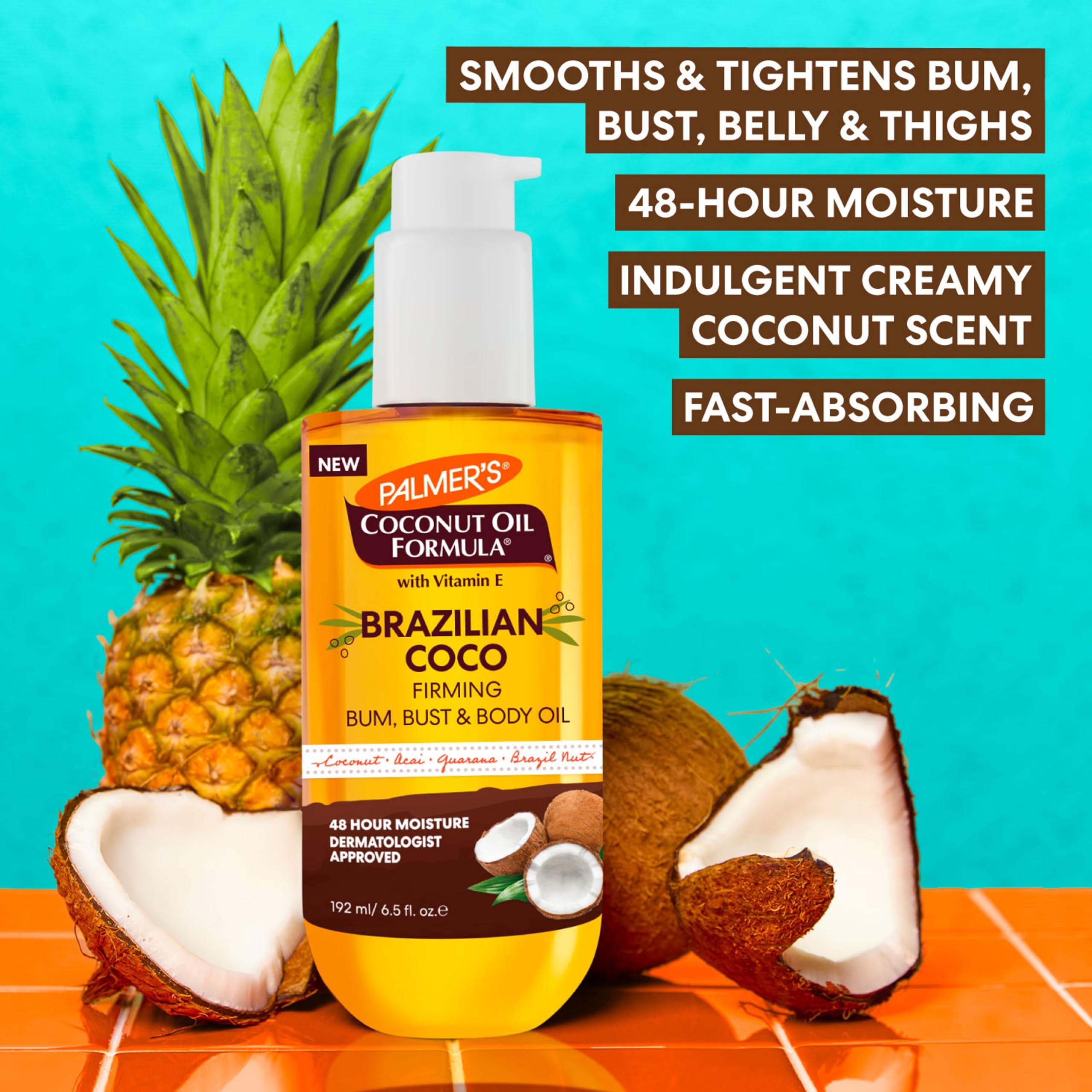 Palmer's Coconut Oil Formula Brazilian Coco Firming Body Oil with Vitamin E, 6.5 Fl Oz, Helps with Skin Tightening & Firming of Bum, Bust & Belly, Provides 48Hr Moisture, Dermatologist Approved
