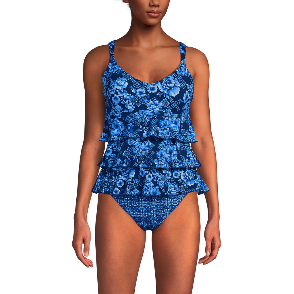 Lands' End Women's Ruffle Fauxkini One Piece Swimsuit 2 Navy Mosaic Floral/Tile Mix