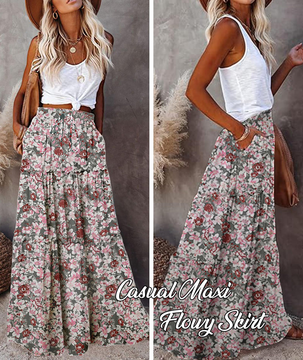 EARKOHA Trendy Lightweight Drawstring Tiered Ruffles Paisley Hippie Plus Size Bohemian Long Maxi Skirt with Deep Pockets for Office Music Festival Travel Picnic Dating Fall Outfits White Floral M