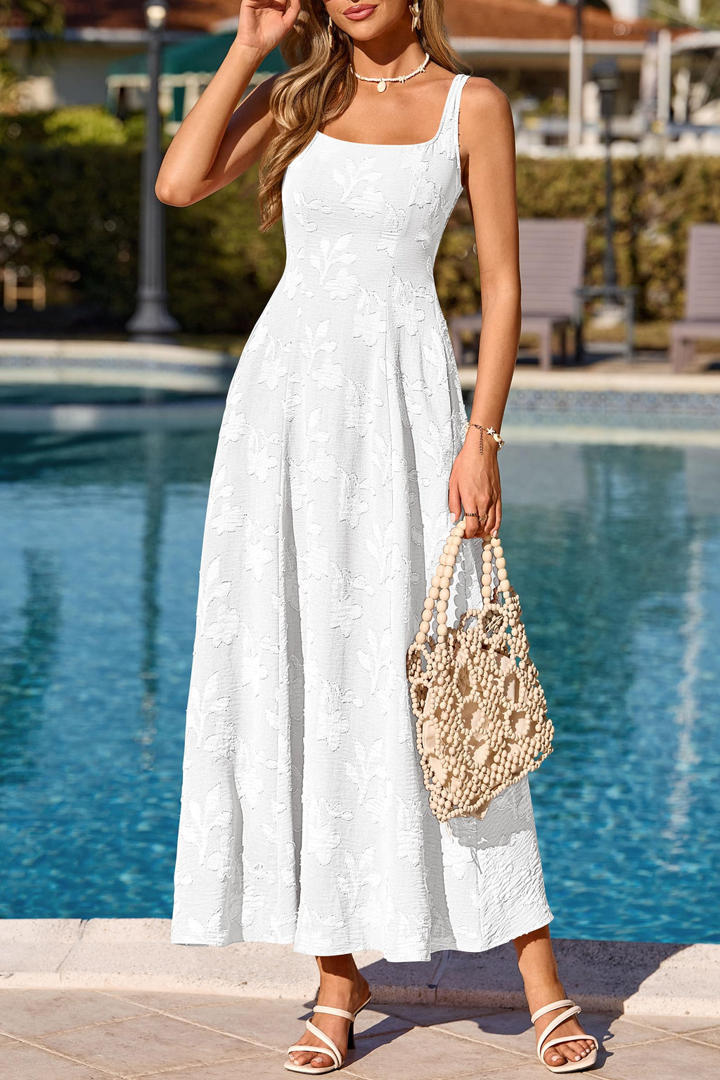 PRETTYGARDEN Womens Summer Maxi Dresses 2026 Casual Sleeveless Square Neck Formal Wedding Guest Beach Vacation Boho Dress (White,L)