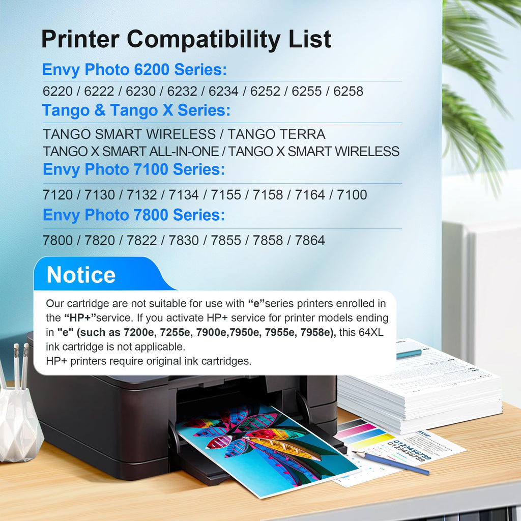 Adoccur 64XL Ink Cartridge Replacement for HP Ink 64 HP 64 Ink for HP 64XL Ink Cartridge Combo Pack Works with Envy Photo 7855 7858 6252 6255 7800 7100 7155 7158 Tango Series Printer (2 Pack)
