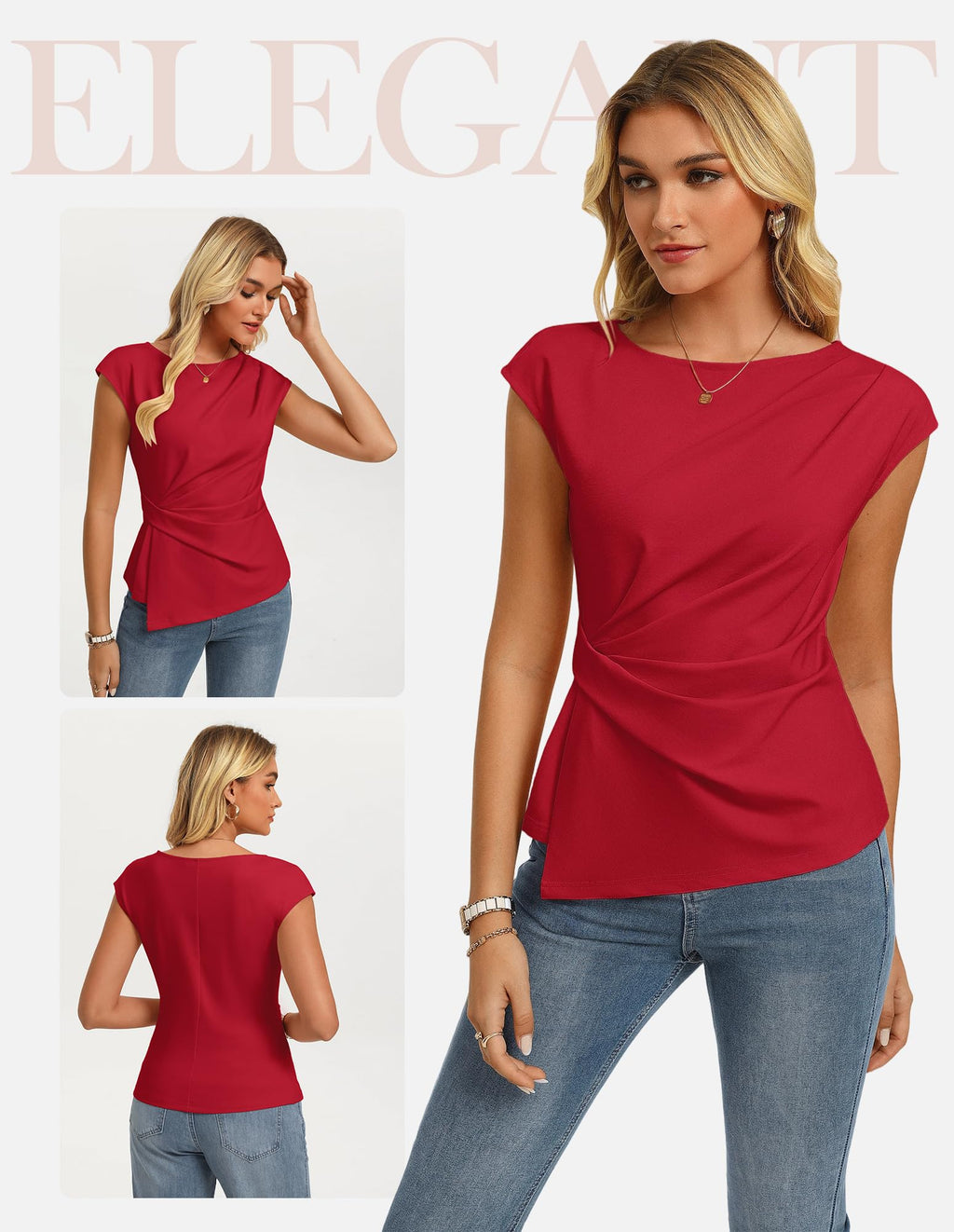 GRACE KARIN Womens 2026 Spring Short Sleeve Tops, Dressy Casual Crew Neck Peplum Shirts, Trendy Tunic Blouses with Knot Red M