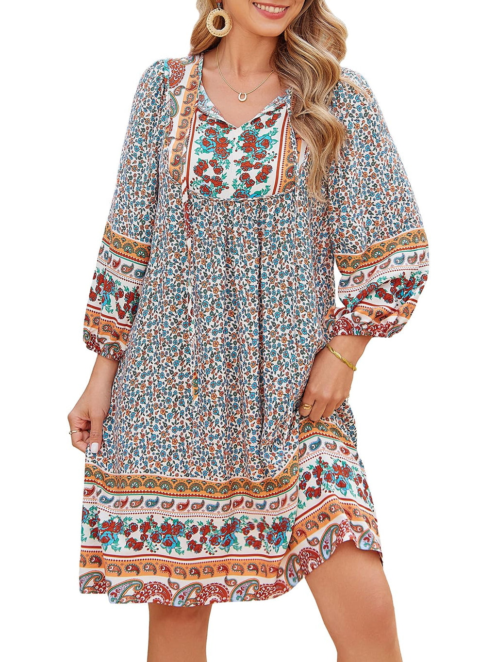 Qearal Summer Dresses for Women 2026 Vacation, 3/4 Sleeve Loose Tunic Dress Boho Beach Sun Dress Knee Length Apricot XL