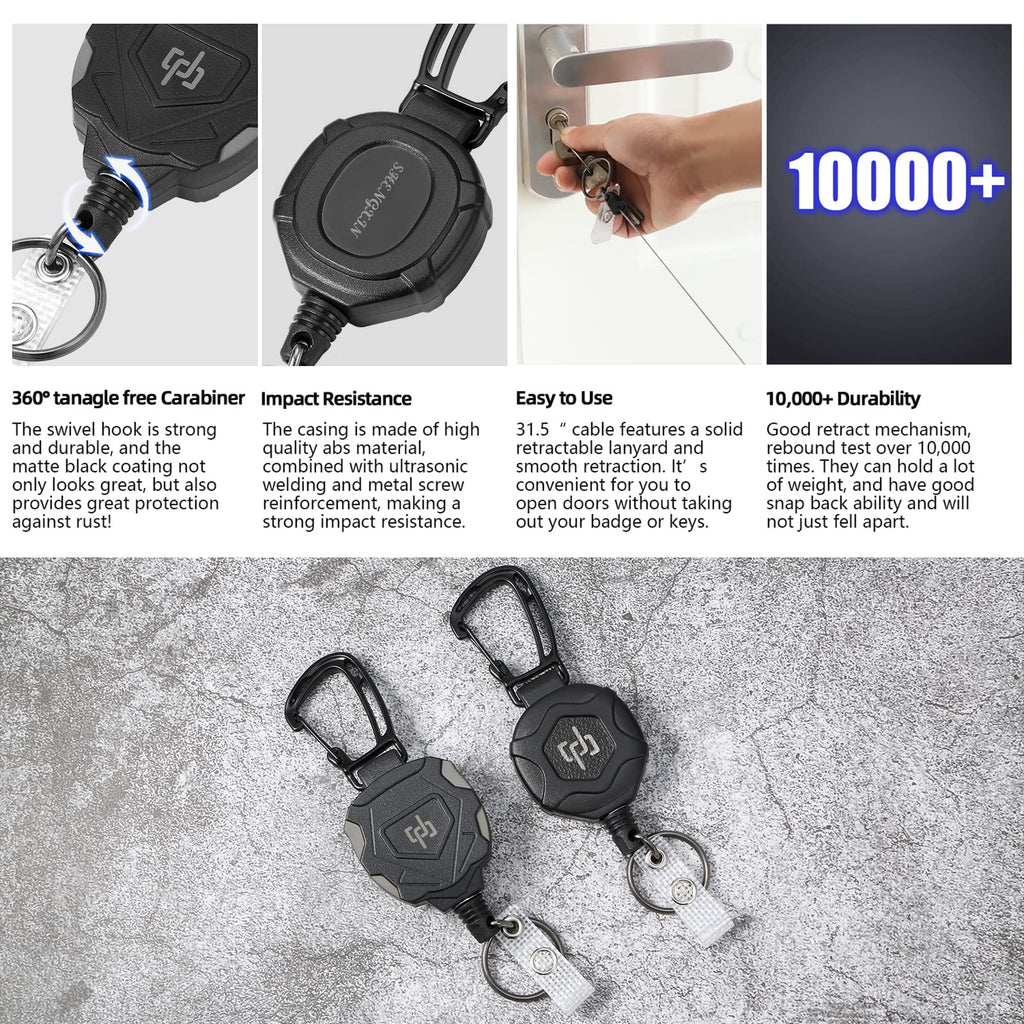 SHENGXIN 2 Pack Retractable Keychain Heavy Duty Carabiner Badge Holder, Tactical ID Badge Reel with 32” Steel Retractable Cord, 8.0 OZ