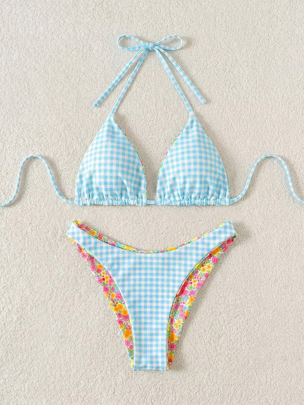 WDIRARA Women's 2 Piece Floral Striped Bikini Set Halter String Thong Swimsuit High Cut Bathing Suit Orange Blue Small