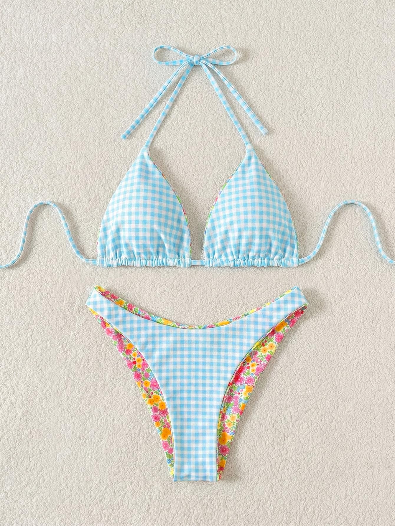 WDIRARA Women's 2 Piece Floral Striped Bikini Set Halter String Thong Swimsuit High Cut Bathing Suit Orange Blue Small