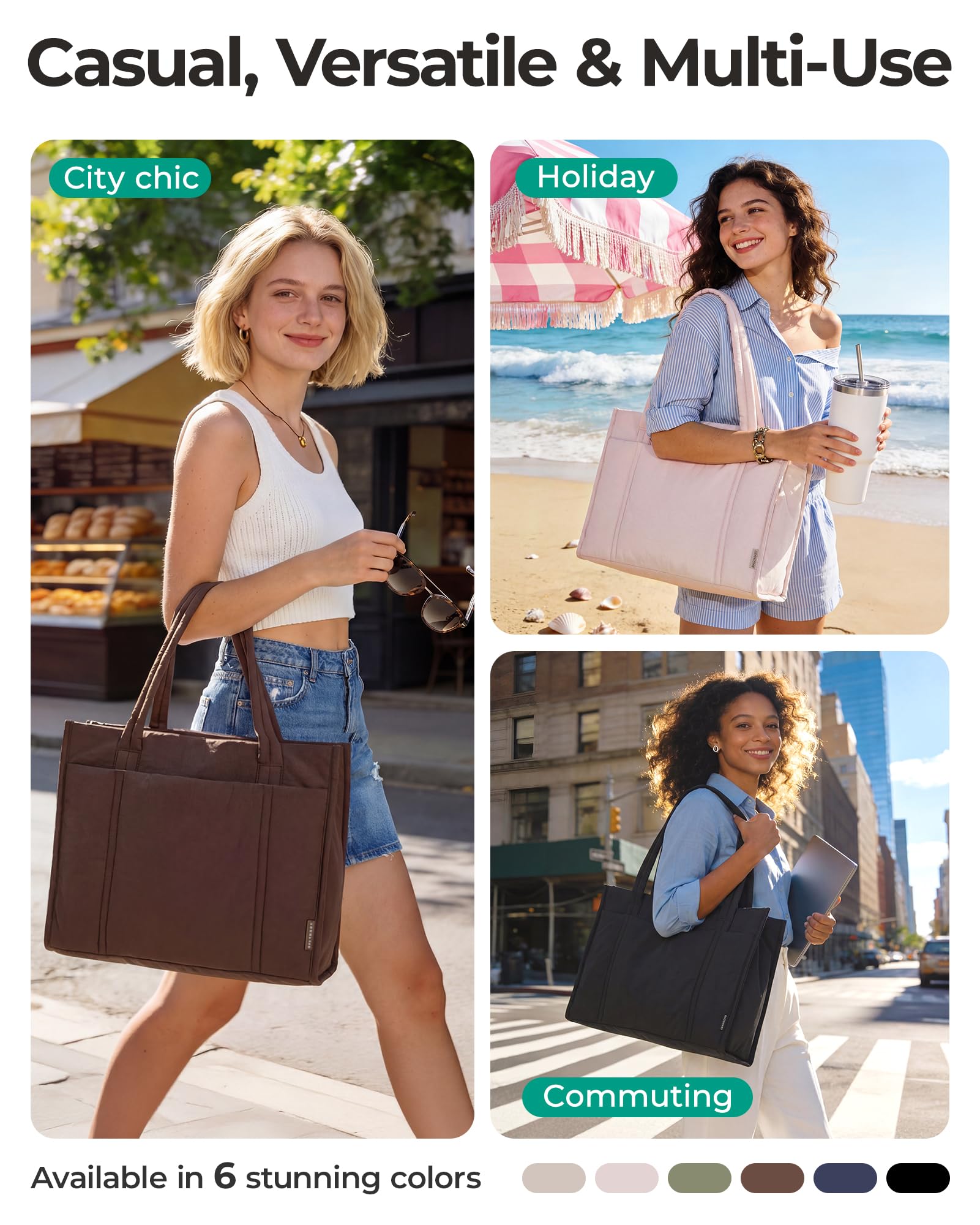 BAGSMART Tote Bag for Women, 2Pc Puffy Tote Bag Set with Zipper, Quilted Large Nurse Work Teacher Bag for Travel, Brown