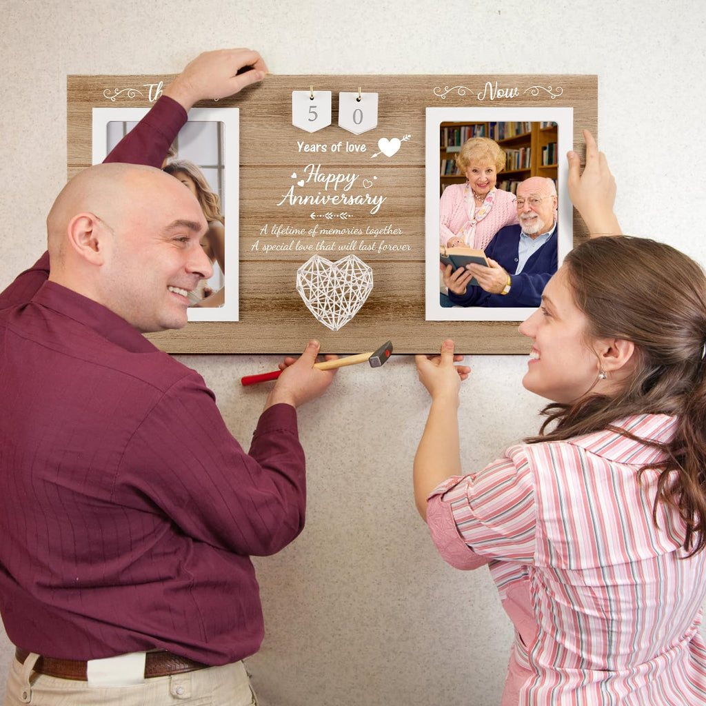 Calibron Then & Now Anniversary Wedding Gifts for Couples, Anniversary Birthday Gifts for Hers/Him, 1-99 Years Double Picture Frame, Anniversaries for Parents Women Men Photo Frame Holds 2pcs 4x6 Pictures
