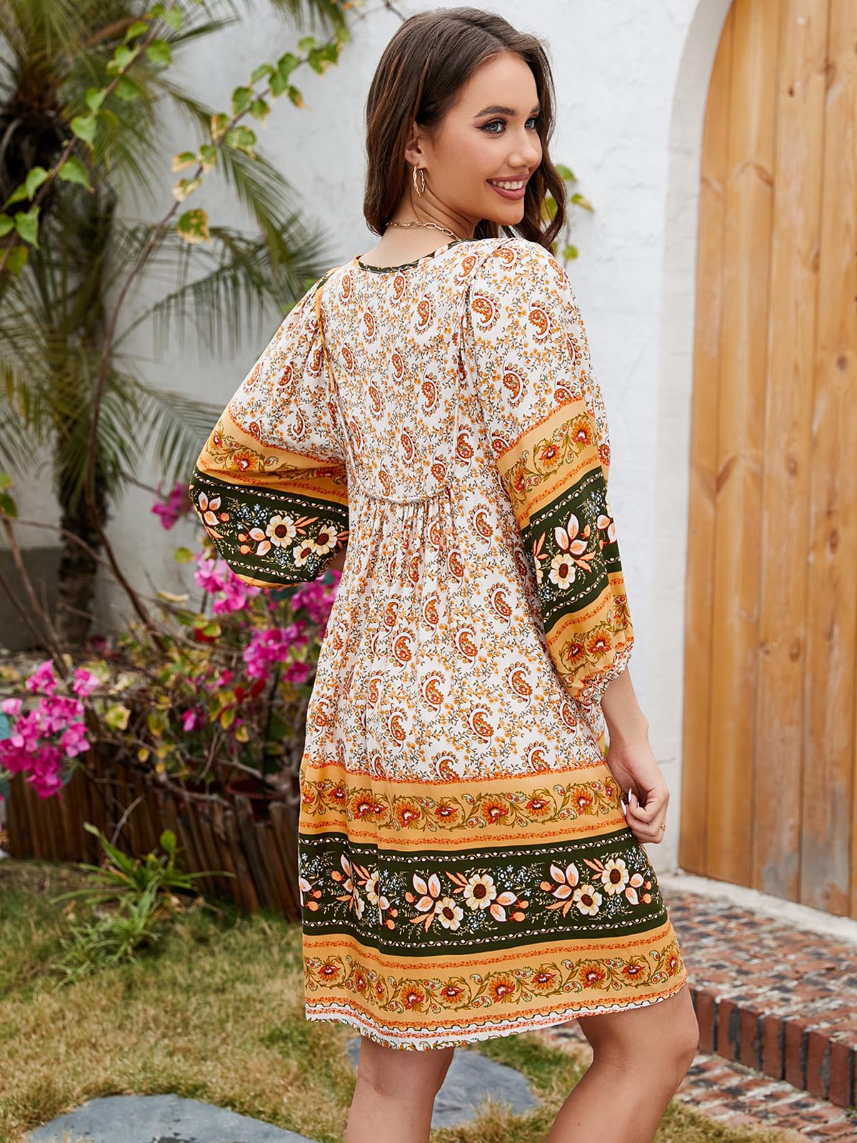 Qearal Casual Beach Dresses for Women 3/4 Sleeve Boho Floral Print Mini Dress Loose Fitting Dress Yellow XL
