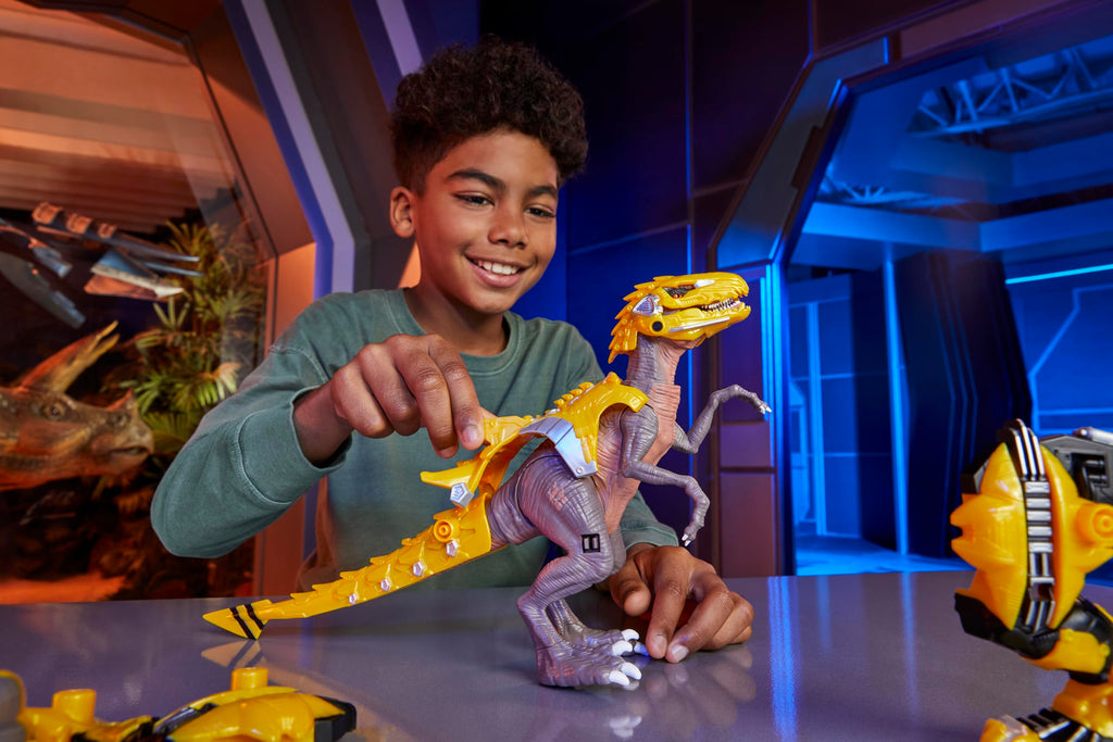 Armorsaurs Armor-Up Yellow Raptor Dinosaur Blaze Toy Figure with 7 Removable Armor Pieces and Tail-Triggered Chomp Action, 7" H x 15.2" L, Kids, Boys, Girls, Ages 6+