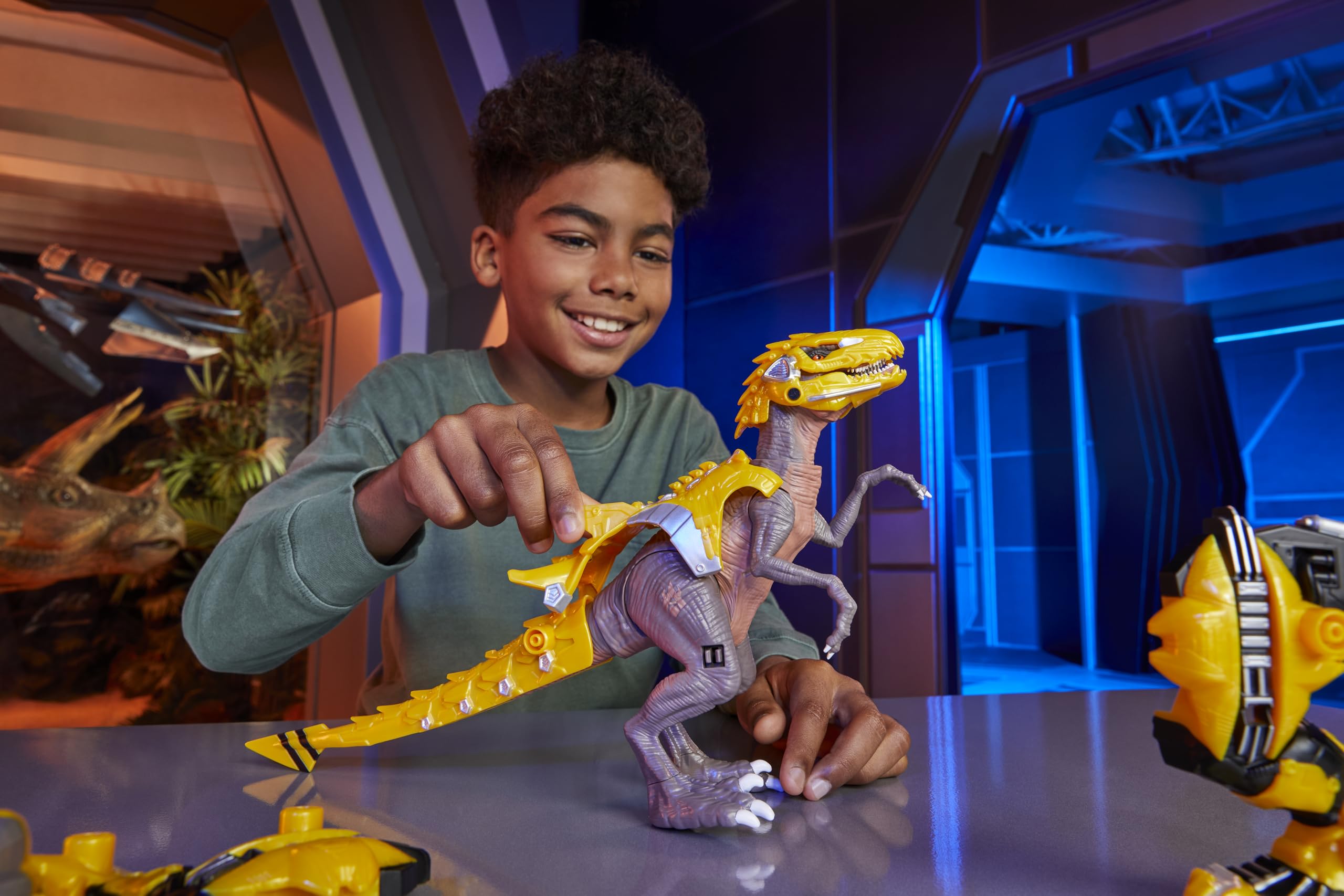 Armorsaurs Armor-Up Yellow Raptor Dinosaur Blaze Toy Figure with 7 Removable Armor Pieces and Tail-Triggered Chomp Action, 7" H x 15.2" L, Kids, Boys, Girls, Ages 6+