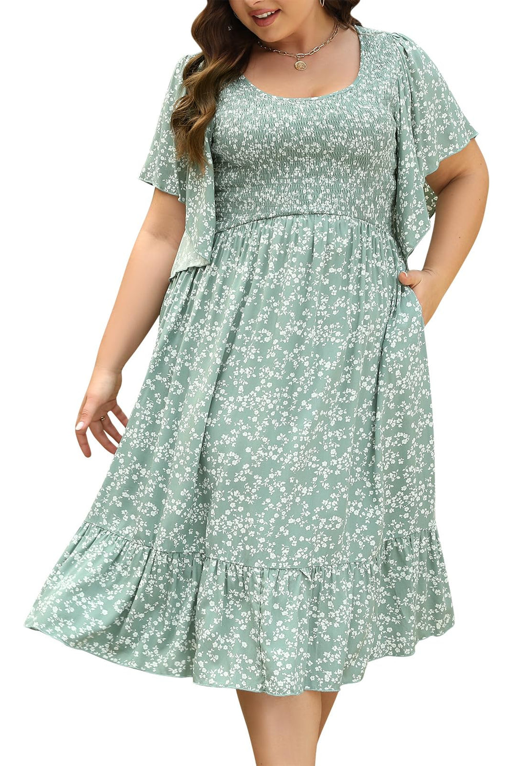 Keluummi Plus Size Wedding Guest Midi Dress for Curvy Women, Summer Casual Boho Floral Empire Waist Party Dress with Pockets(20 Plus, 01 - Green Floral)