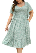 Keluummi Plus Size Wedding Guest Midi Dress for Curvy Women, Summer Casual Boho Floral Empire Waist Party Dress with Pockets(20 Plus, 01 - Green Floral)