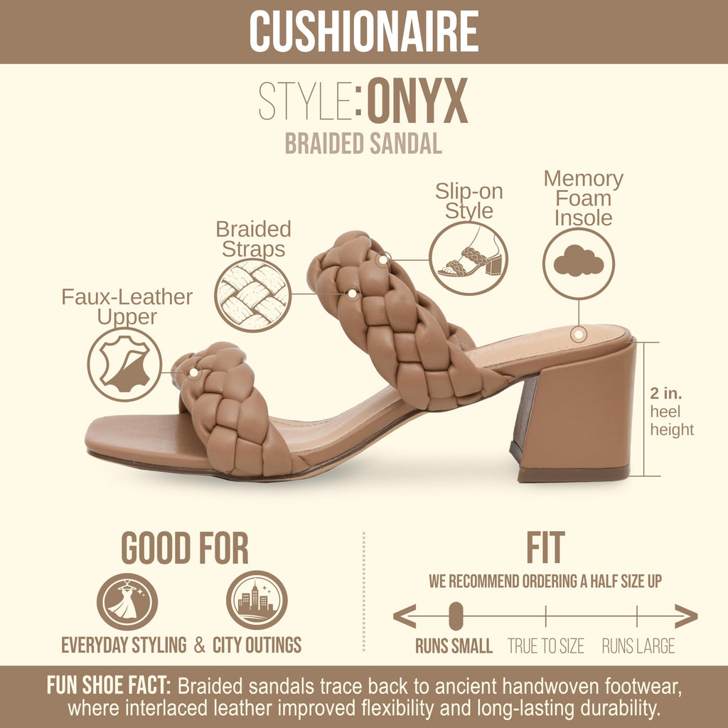 CUSHIONAIRE Onyx Chunky Heels for Women – Slip On Braided Sandals with Block Heel, Wide Widths Available, TAN 8.5
