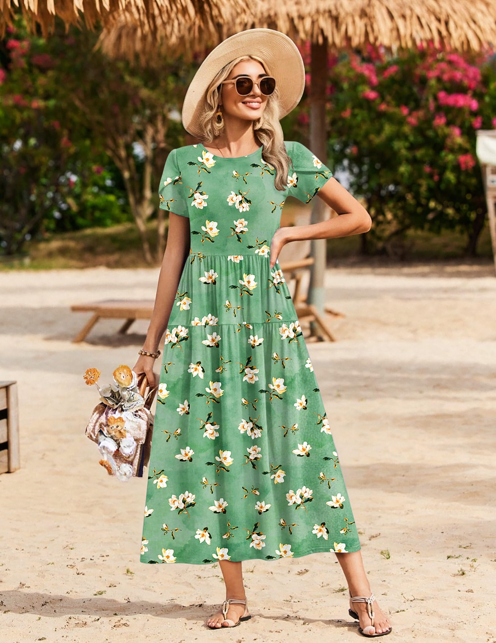 Zeagoo Green Dress for Women Casual Loose Bohemian Floral Dress A Line Flowy Maxi Dress Green Floral M