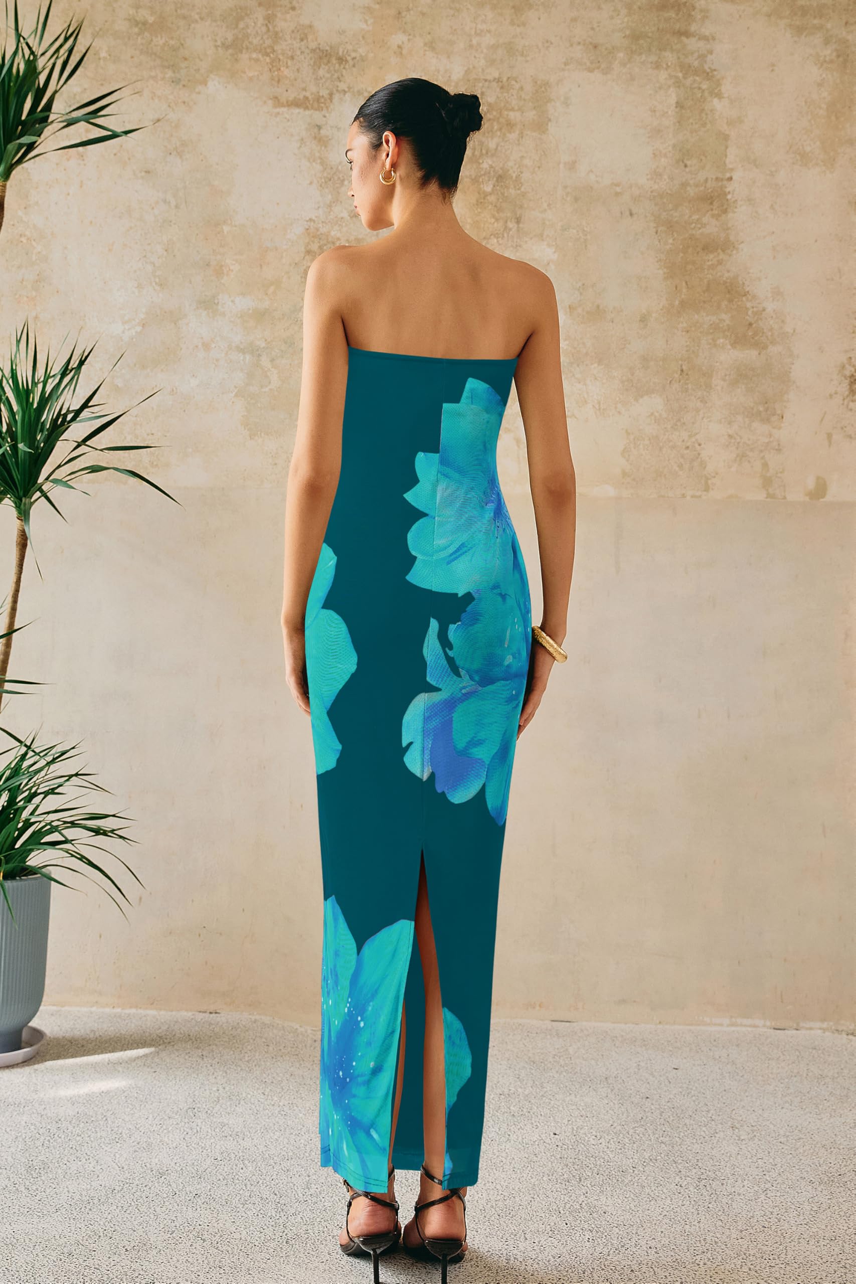 PRETTYGARDEN Women Summer Strapless Maxi Dress Bodycon Floral Sexy Long Wedding Guest Dress Formal Tube Mesh Cocktail Dresses(Dark Green Floral,Large)