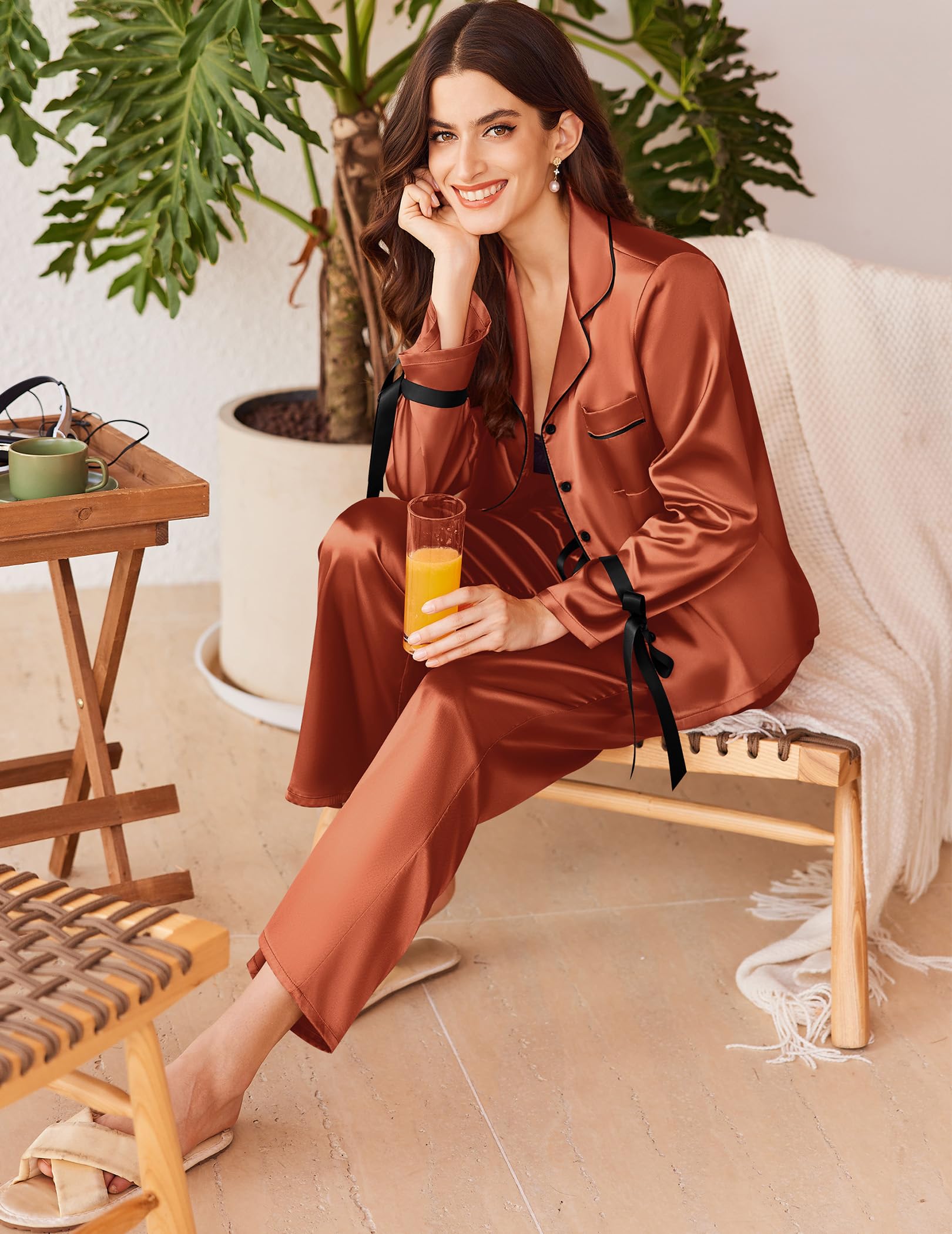 Ekouaer Women Classic Button Down Long Satin Pajamas Set,Bow Tie Silky Cute Pjs Sets Fancy Loungewear Caramel M