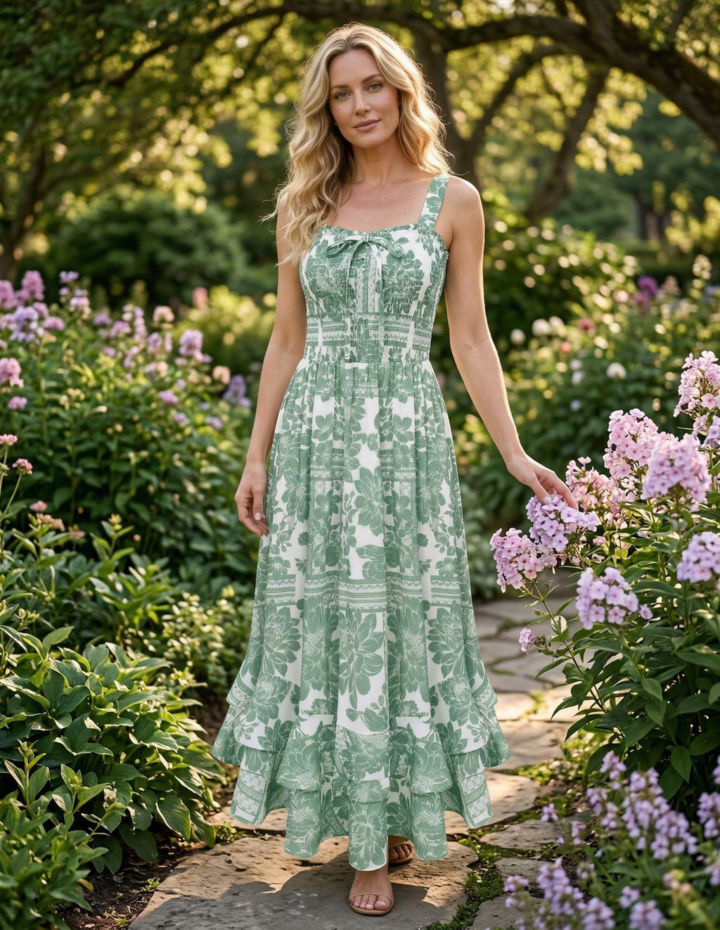 GRACE KARIN Women's 2026 Summer Floral Boho Dress Square Neck Strapped Swing A Line Sundress Beach Long Maxi Outfits White Green 2XL