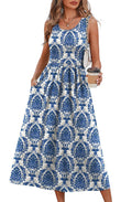 WIHOLL Summer Dresses for Women 2025 2026 Sleeveless Flowy Cute Casual Midi Dresses for Women Spring Dress Sundresses for Women Resort Wear Maxi Dress Blue Damask Print M