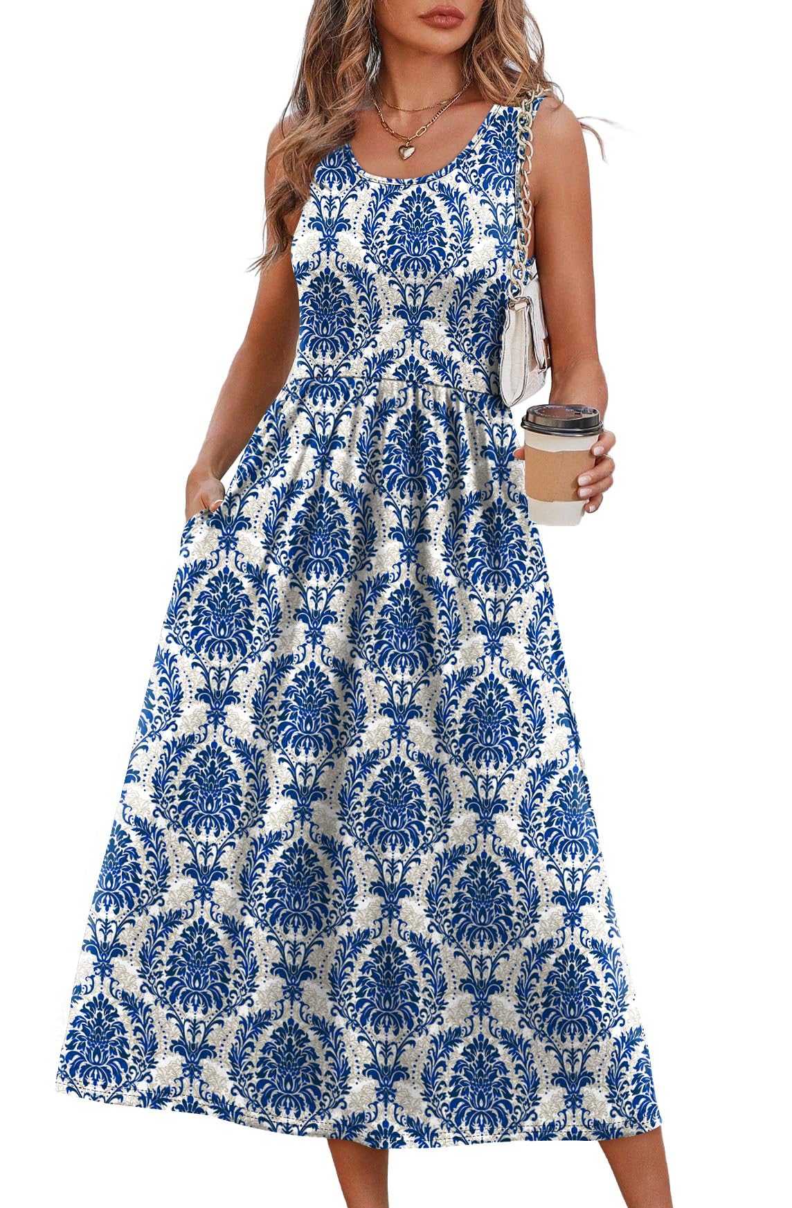 WIHOLL Summer Dresses for Women 2025 2026 Sleeveless Flowy Cute Casual Midi Dresses for Women Spring Dress Sundresses for Women Resort Wear Maxi Dress Blue Damask Print M