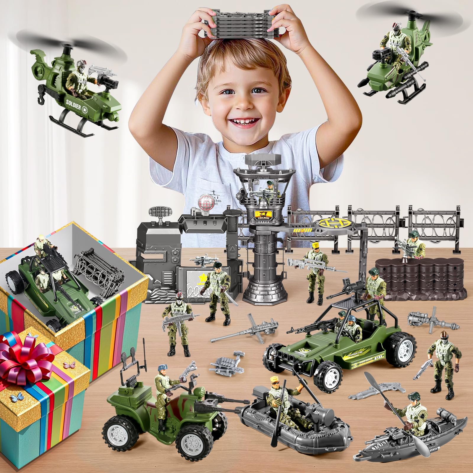 JASSKKBO 87-in-1 Army Men Toys Sets for Boys 4-7 8-12 , Military Base/Truck/Helicopter/Kayak Boat/Motorcycle/Army Men Action Figures/Weapon Gears, Army Toys for Boys Kids Birthday Gifts Party Favors
