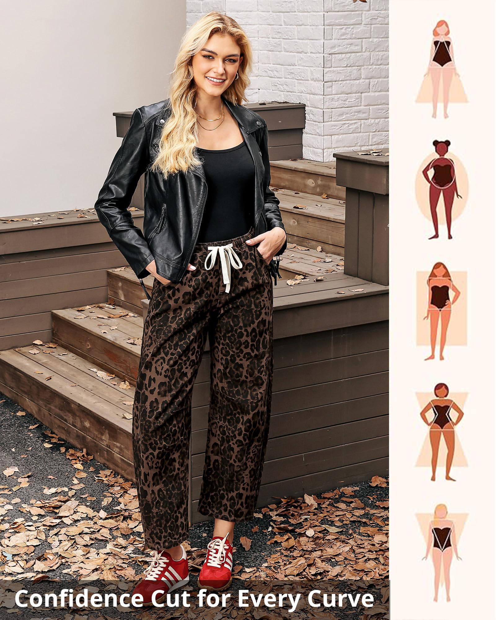 GRAPENT Baggy Jeans for Woman Womens Elastic Waist Jeans Leopard Barrel Womens Cropped Pants Pull on Pants Barrel Ladies Brown Leopard Size X-Large US 16 to 18