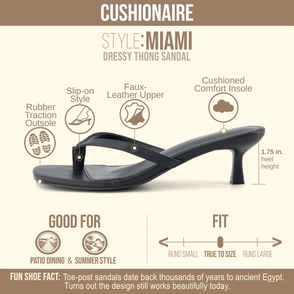 CUSHIONAIRE Miami Kitten Heels for Women, Thong Flip Flop Heeled Sandals with Memory Foam, Slip On Dressy Sandal, EBONY 9.5