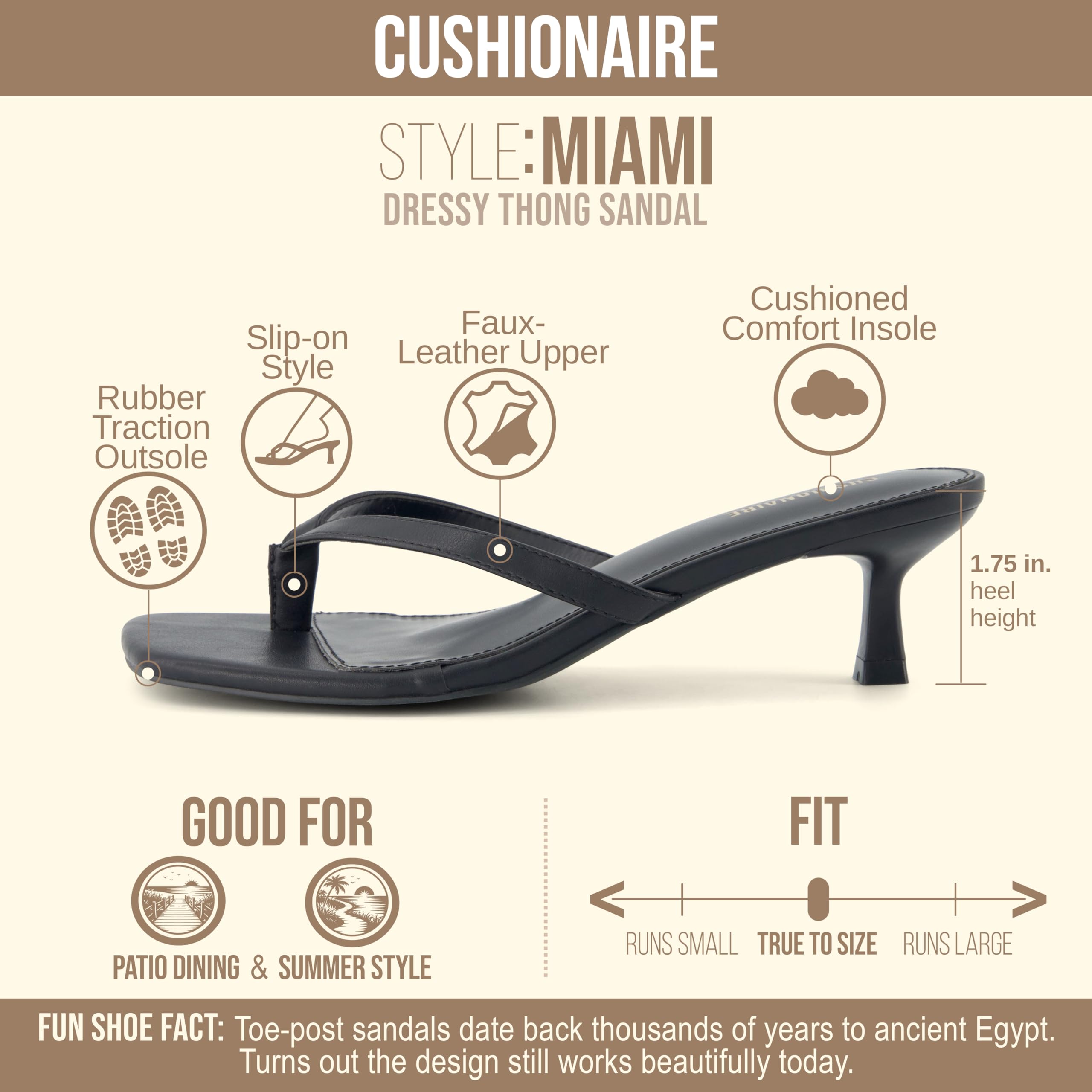 CUSHIONAIRE Miami Kitten Heels for Women, Thong Flip Flop Heeled Sandals with Memory Foam, Slip On Dressy Sandal, EBONY 9.5