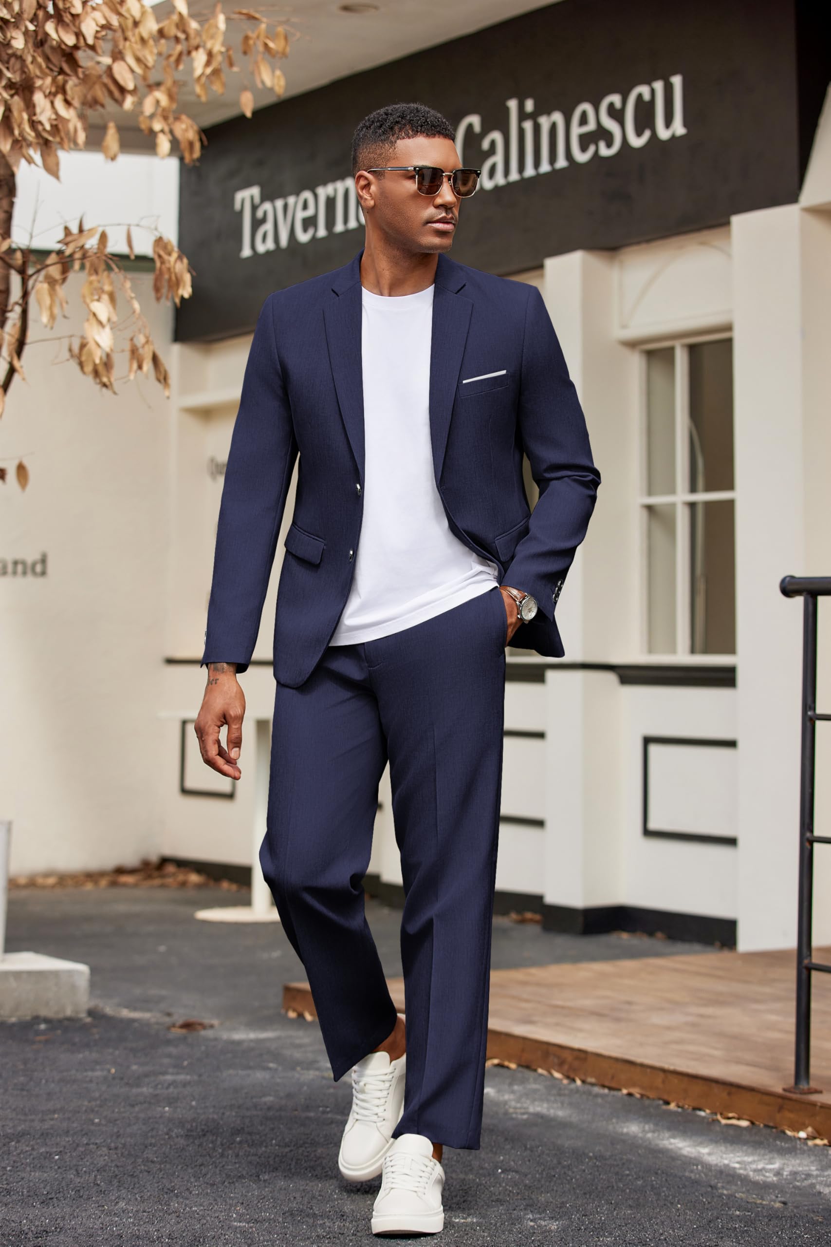 COOFANDY Men's 2 Piece Suits Classic Fit 2 Button Casual Suits Sets Blazer Jacket and Dress Pants for Wedding Business Prom Navy Blue