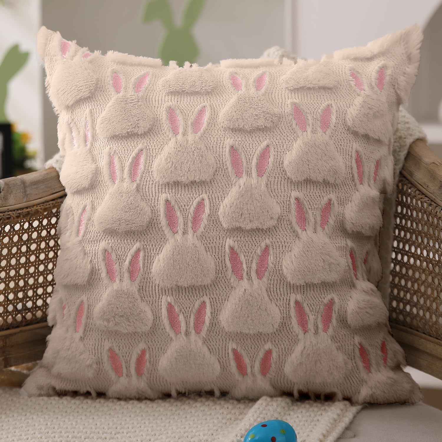 DFXSZ Easter Pillow Covers 16x16 inch Set of 2 Easter Decorations Pink Ears Beige Rabbit Soft Plush Faux Fur Jacquard Throw Pillows for Bedroom Sofa Holiday Festivals Home Decor FHJ-17C16