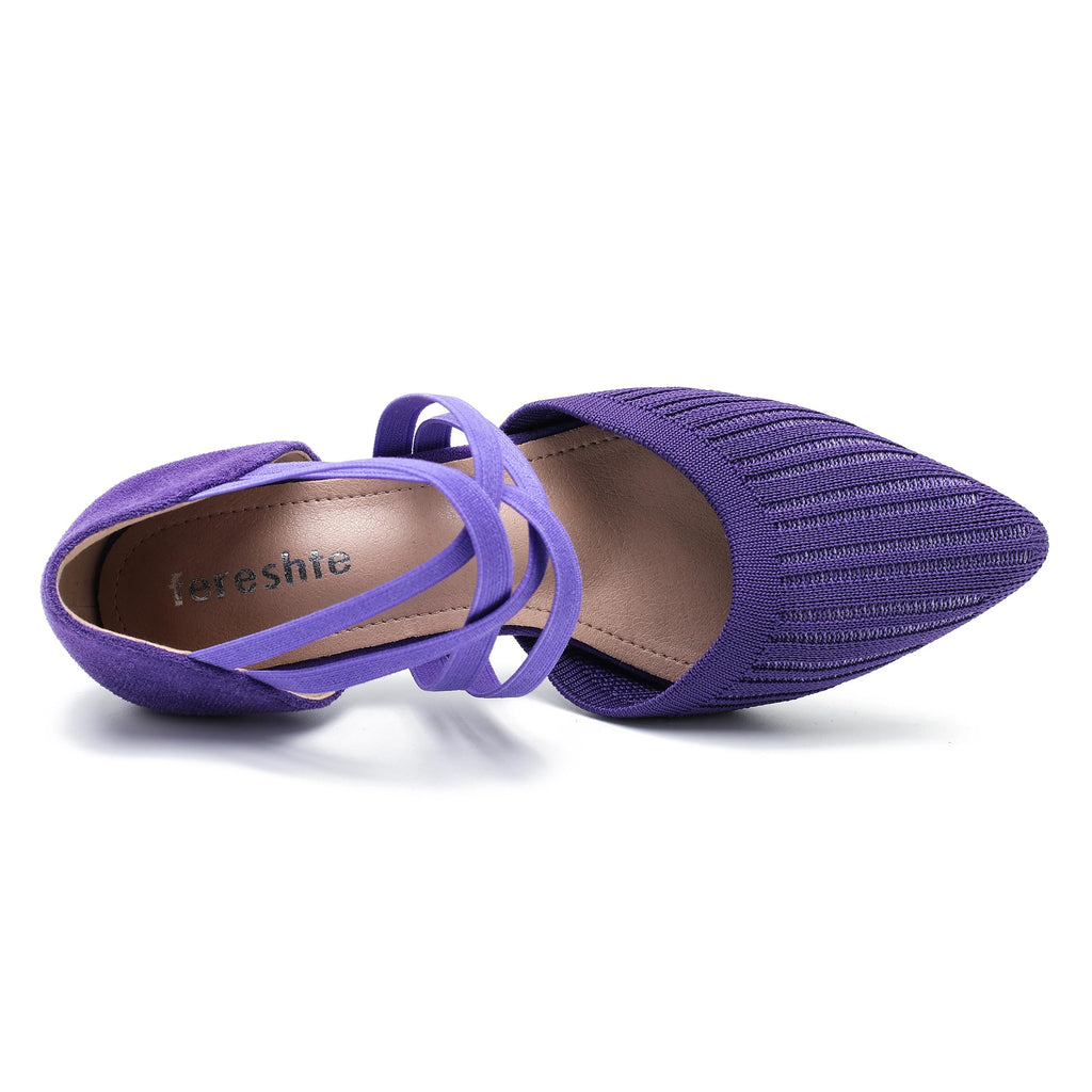 Women's Pointed Toe Kitten Heel Pumps, Elastic Cross Strap, Knit Slip On Dress Shoes Purple 40 - Insole Length: 25cm/9.84 inch - US 8