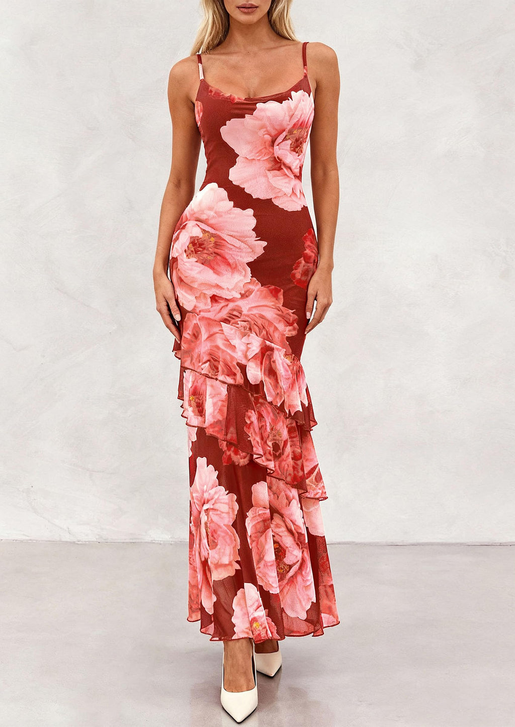 PRETTYGARDEN Maxi Dresses for Women 2026 Summer Tiered Floral Beach Sundress Spaghetti Strap Spring Wedding Guest Long Dress (Wine Red Big Floral,X-Small)