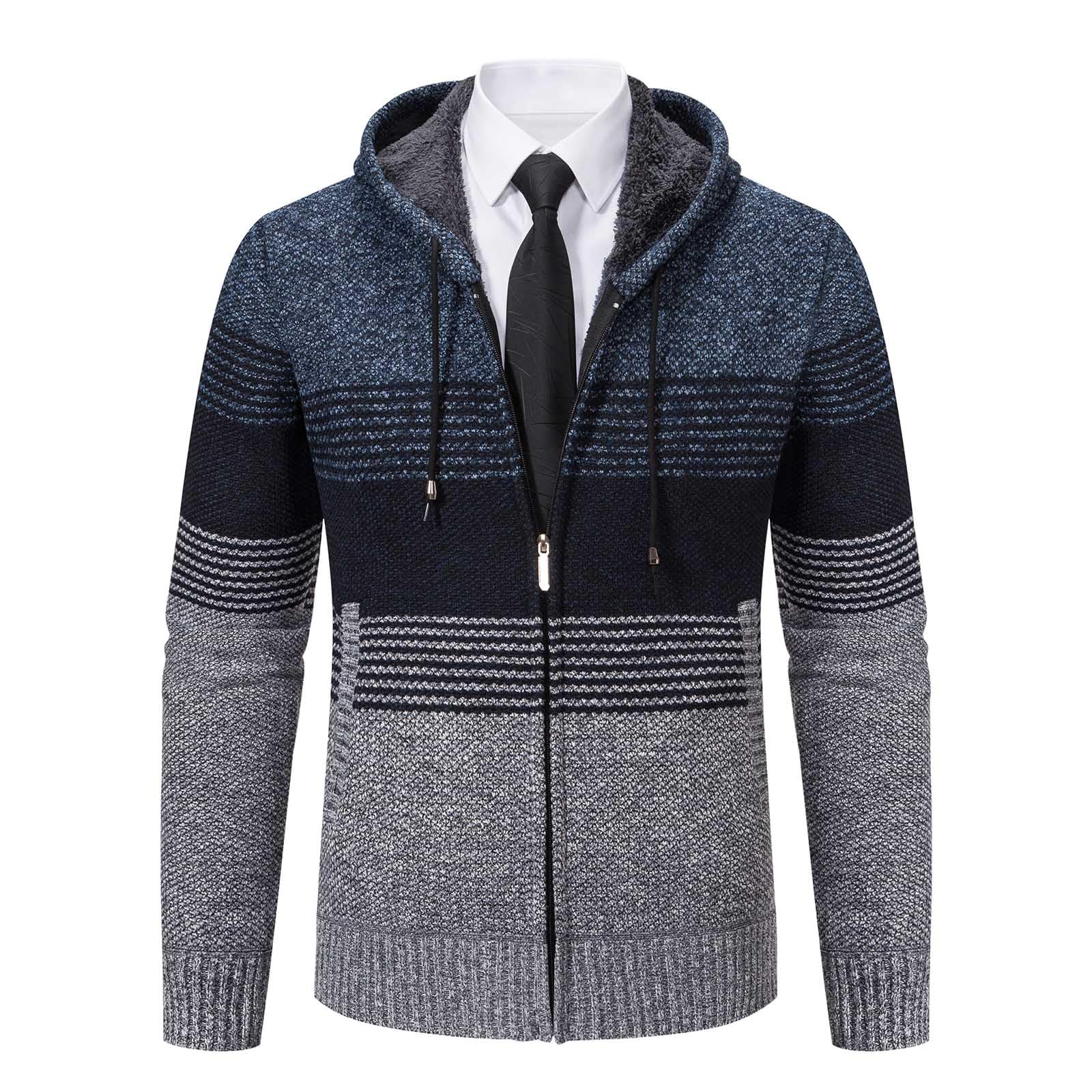 Mylldey Mens Hoodies Knit Sweater, Full Zip Fleece Lined Cardigan Sweaters Casual Regular Fit Knit Hooded Men Sweater Jacket(Blue, S)