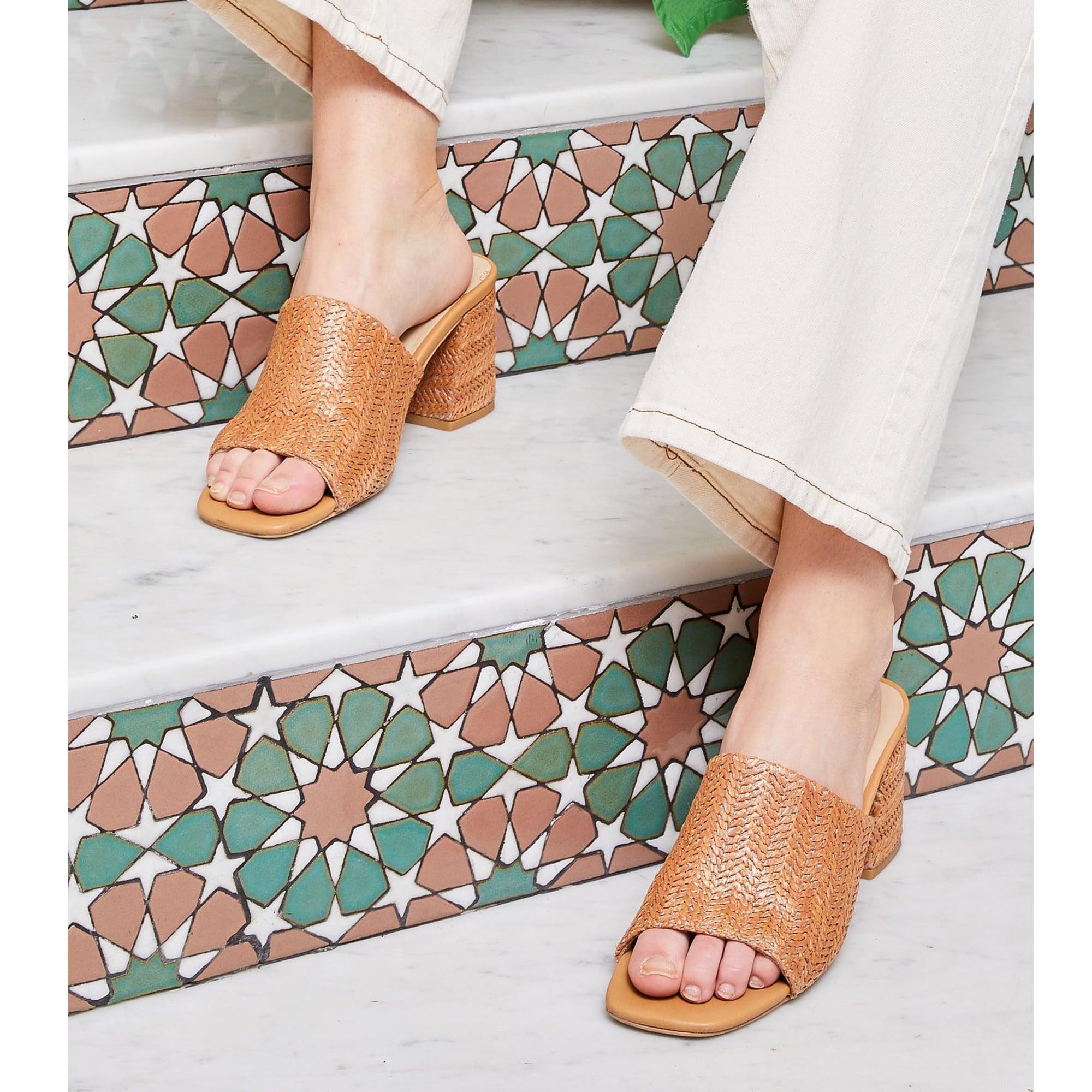 Ancomafio Women's Heeled Sandals Raffia Heels Square Open Toe Sandals Backless Mules Slip On Block Sandals Brown Size 8