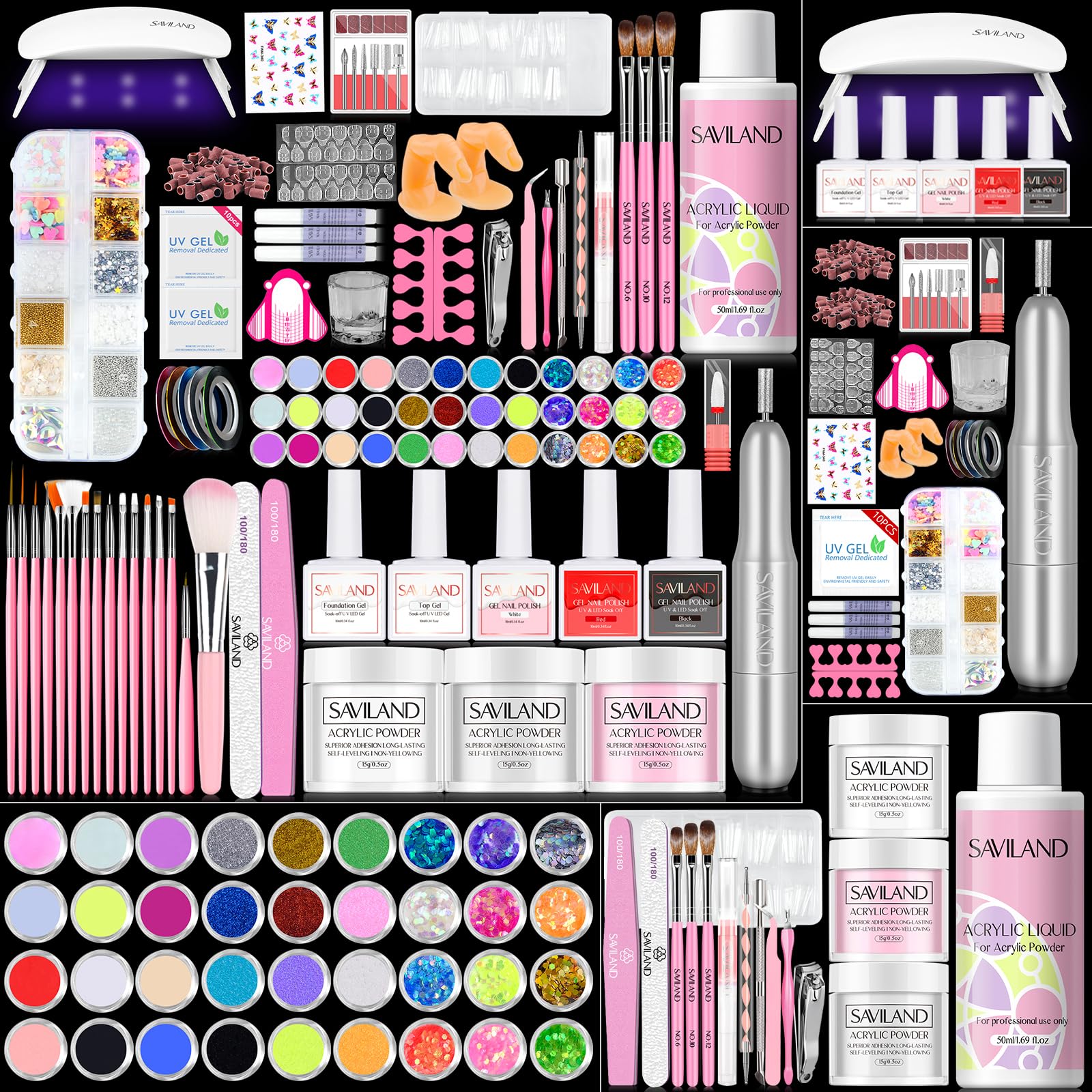 SAVILAND Acrylic Nail Kit with Drill: Professional Acrylic Nail Set for Beginners with Everything U V Light 3 Colors Gel Polish Decorations Nails Tools for Home Salon Use Christmas Gift Set